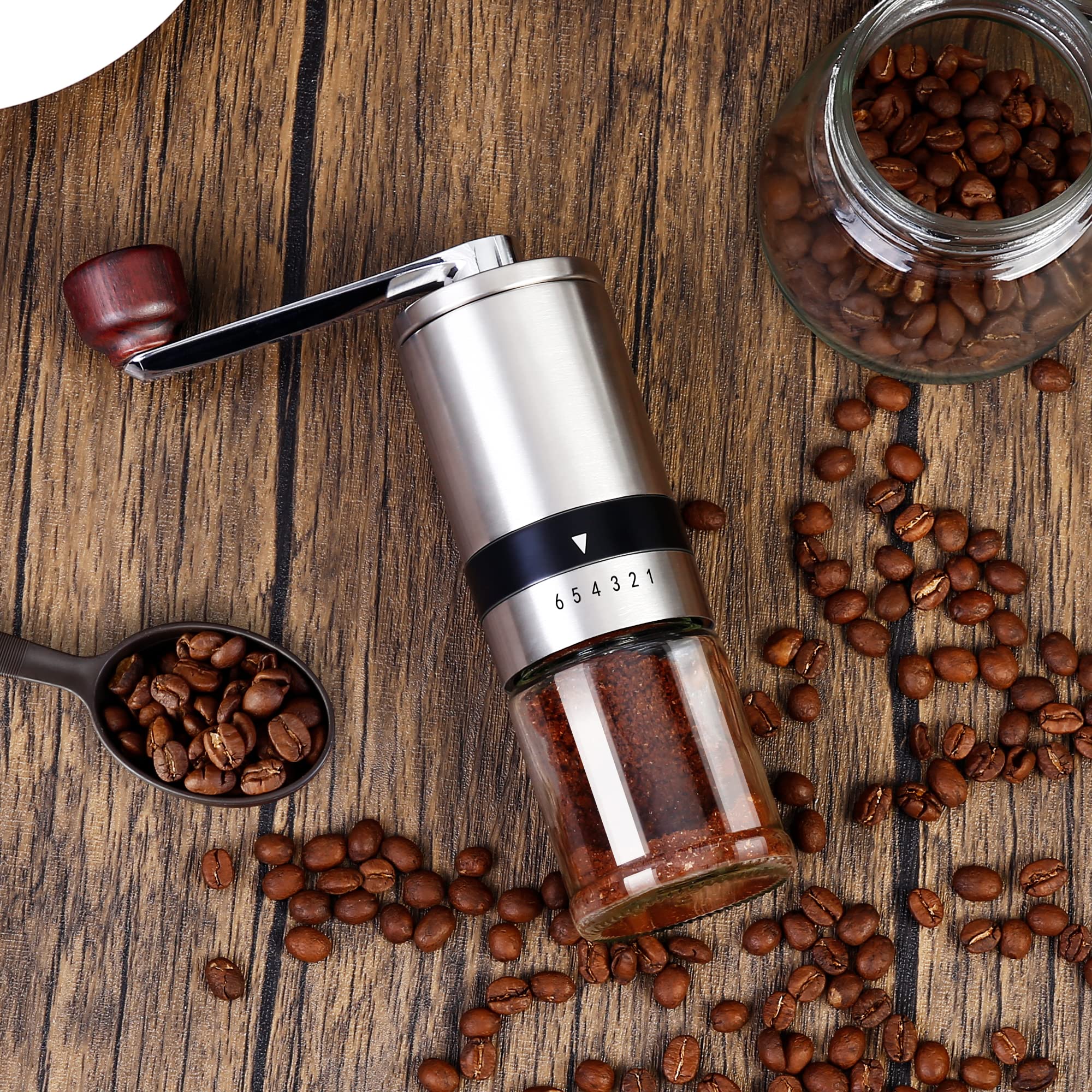 Premium Manual Stainless Steel Coffee Grinder - 6 Adjustable Grind Settings, Ceramic Burr Mill for Espresso, French Press & Drip Coffee | Portable Hand Crank Design Perfect for Camping, Travel & Home Brewing (TRIPLE TREE Brand)
