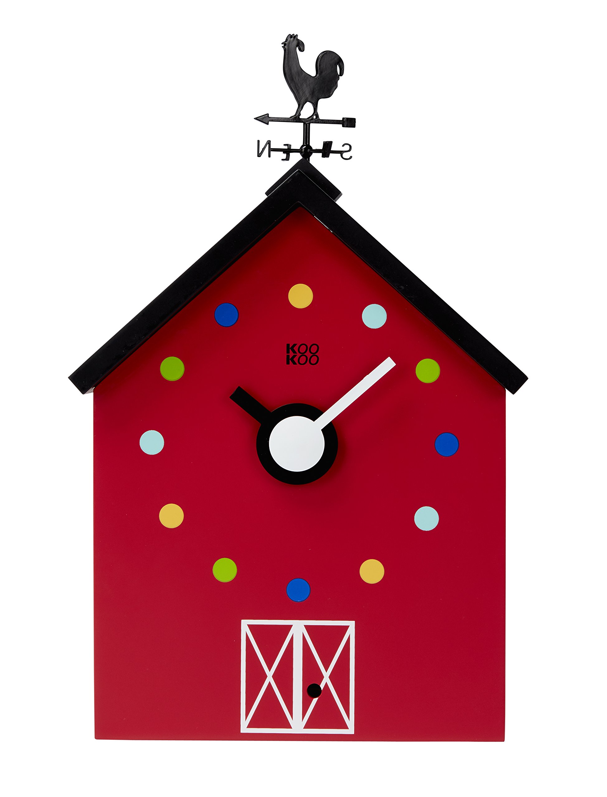 KOOKOO Red Barn Large Farmhouse Wall Clock - 12 Animal Sounds, Rooster & Rotating Weathervane | Rustic Home Decor for Kitchen, Living Room, Nursery