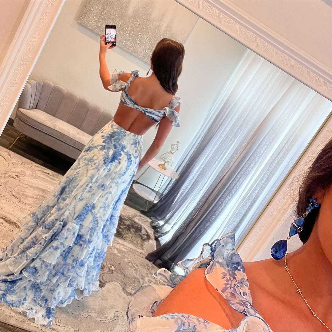 Elegant A-Line Flora Printed Long Prom Dress with Ruffle Hem - Blue Chiffon Formal Gown J5287 for Evening Parties, Homecoming & Special Occasions