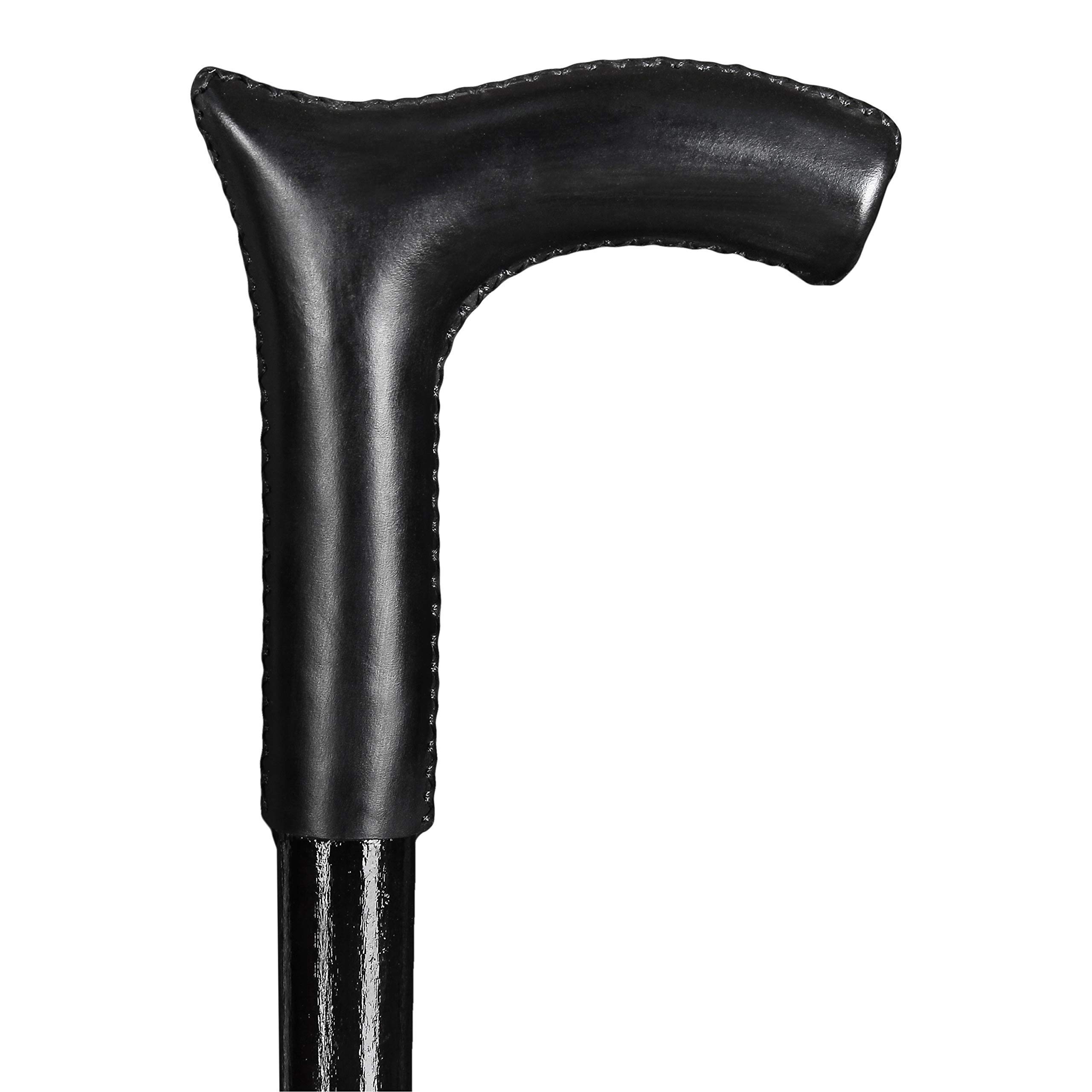 Premium Black Leather Walking Cane - Handcrafted Derby Wooden Cane for Men & Women - Elegant Hiking Stick for Outdoor Adventures, Fashionable Mobility Aid for Daily Use & Perfect Gift for Seniors