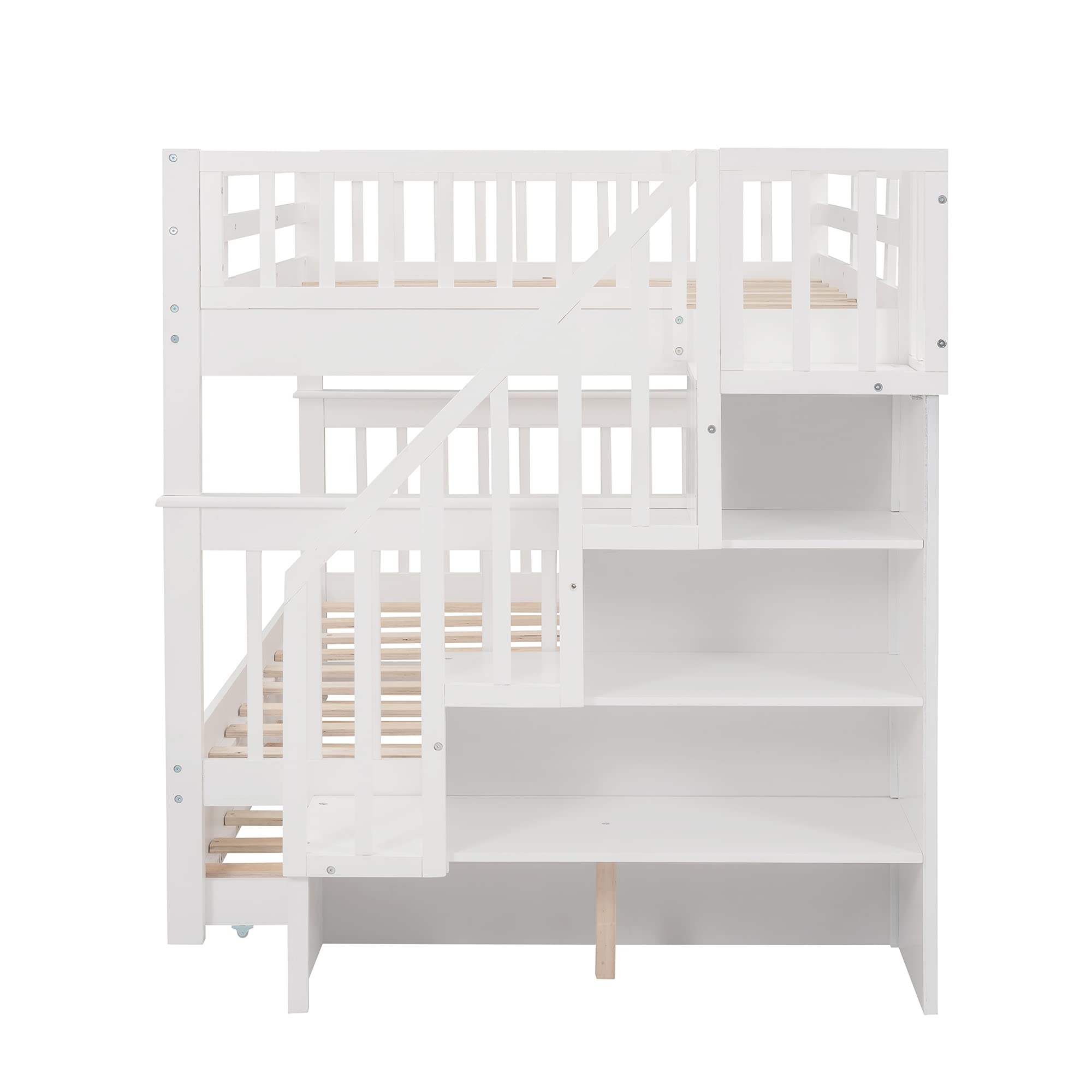 MERITLINE Full Over Full Wooden Bunk Bed Frame with Stairs & Trundle - Convertible Kids Bunk Bed in White | Space-Saving Solution for Shared Bedrooms, Guest Rooms & Small Spaces