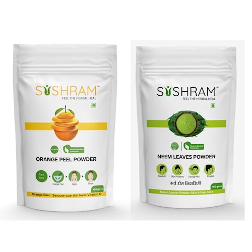 Organic Sushram Orange Peel Powder & Neem Powder for Skin Care - Brightening, Acne Treatment, Natural Exfoliator | DIY Face Mask, Hair Care, Ayurvedic Beauty Routine