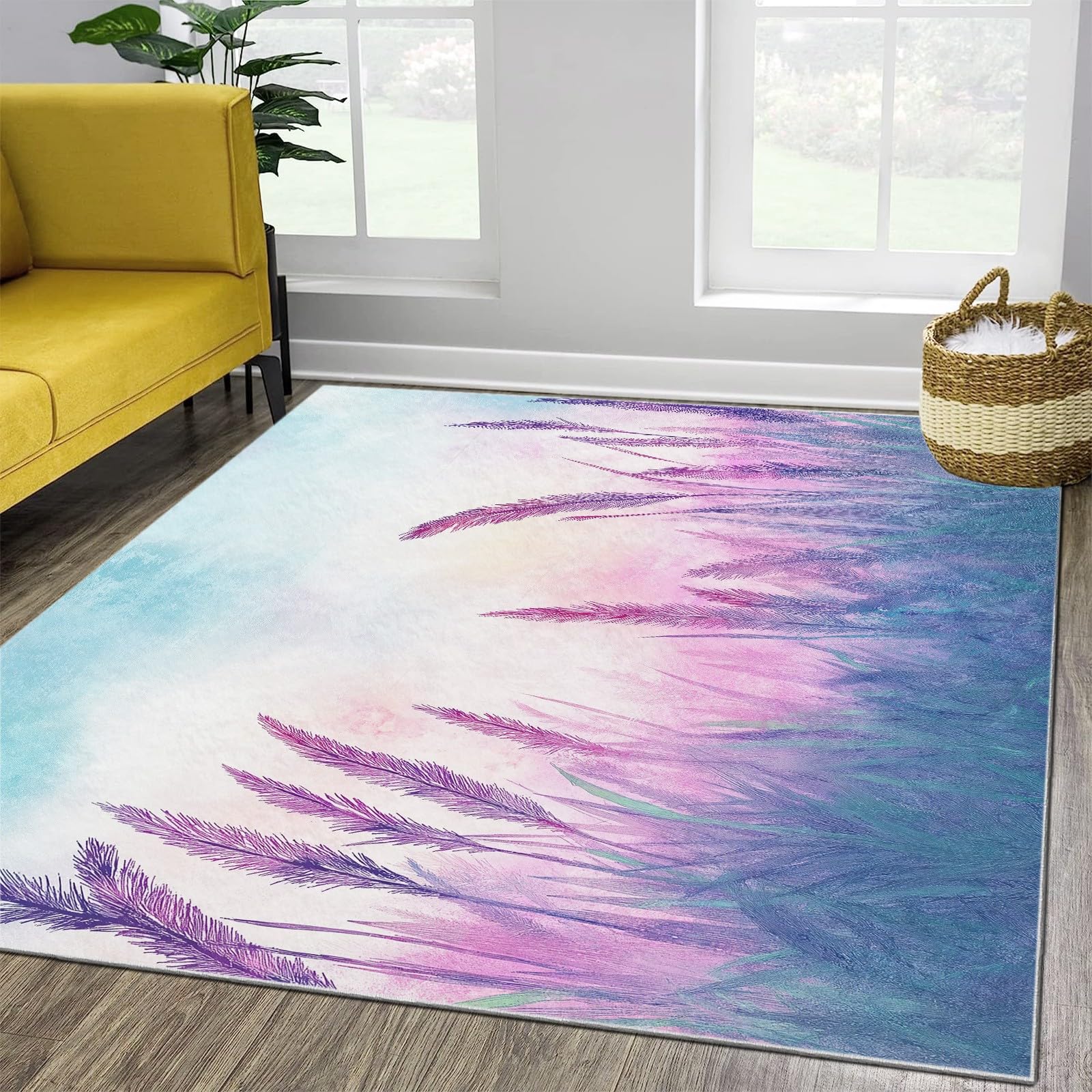 Spring Themed Purple & Blue Faux Wool Area Rug - Non-Slip, Machine Washable 7x8 Ft Soft Rug for Kids Bedroom, Living Room, Dining Room, Nursery & Home Office Decor - Perfect for Cozy Family Gatherings and Playtime