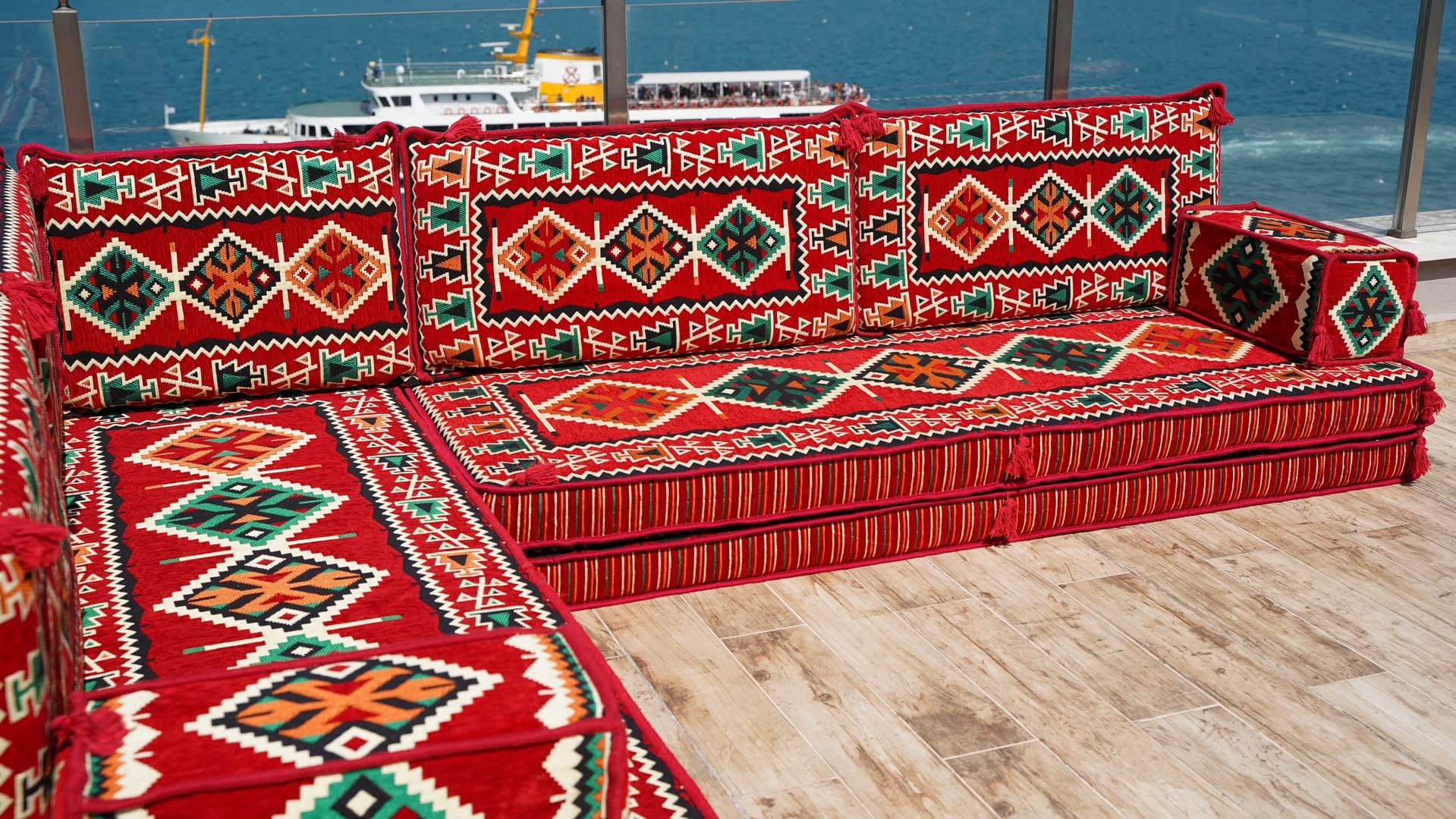 Premium Red L-Shaped Pallet Cushions - Arabic Floor Sofa Set with Oriental Design - Comfortable Sectional Floor Seating - Soft Indoor Floor Pillows for Living Room, Lounge & Meditation - (L Sofa Only)