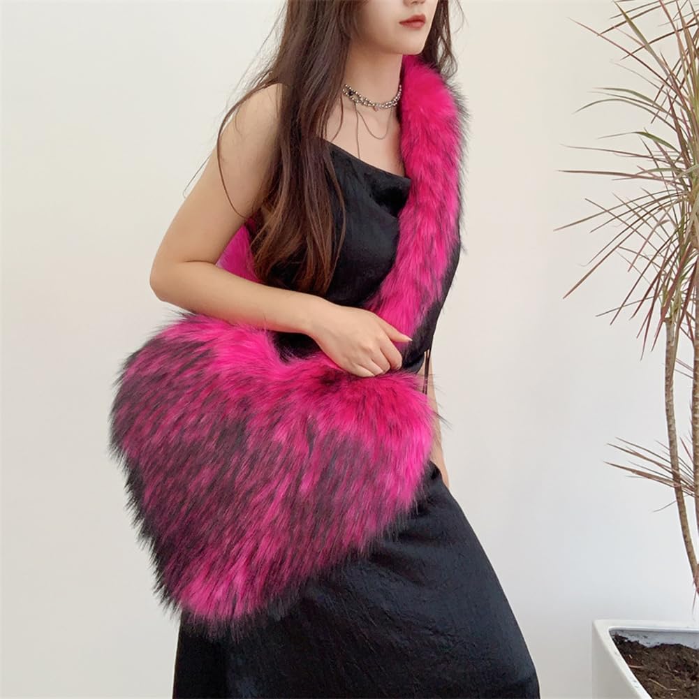 Stylish Large Heart Shaped Faux Fur Shoulder Bag for Women - Y2K Trendy Crossbody Purse & Chic Furry Tote - Perfect for Date Night, Parties, and Casual Outings