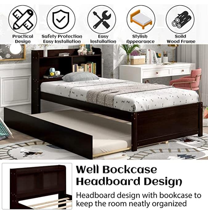 Harper & Bright Designs Twin Bed with Trundle - Solid Wood Platform Bed Frame with Bookcase Headboard for Teens, No Box Spring Needed, Espresso - Perfect for Small Bedrooms, Guest Rooms & Kids' Rooms