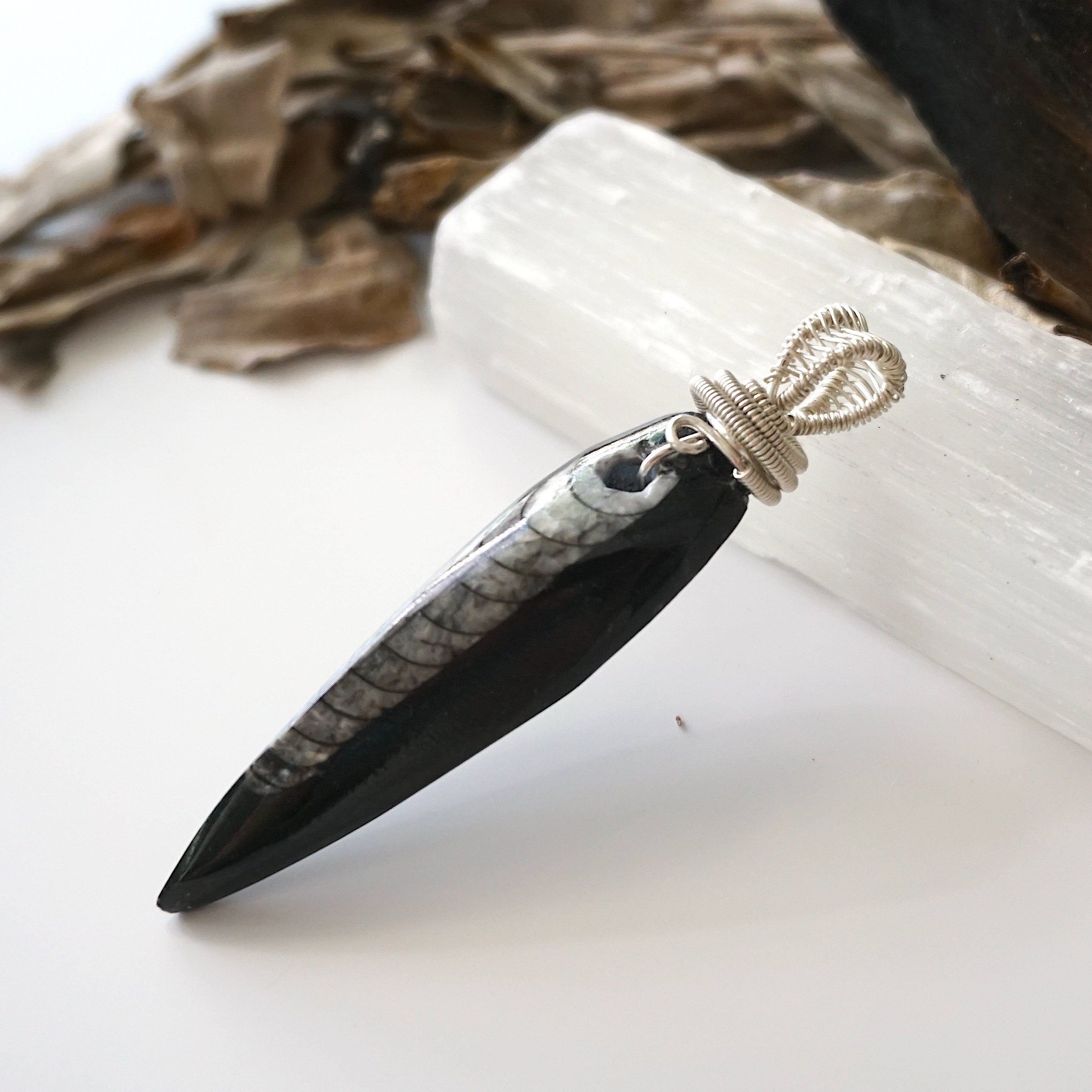 Black Fossil Arrowhead Necklace - Sterling Silver Wire Wrap Pendant Jewelry for Men & Women | Perfect for Outdoor Adventures, Nature Lovers & Unique Gift Giving