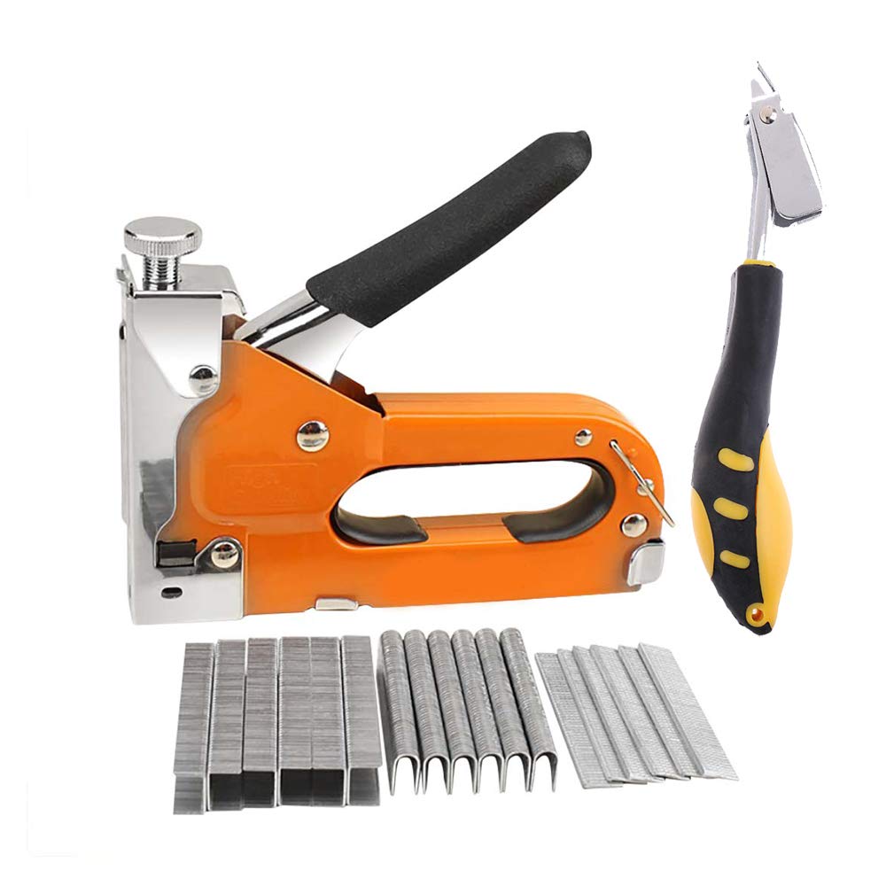 Heavy Duty Staple Gun Kit with 600 Staples (U Shape, Door Shape, T Shape) & Staple Remover - 3 Way Hand Operated Stapler for DIY Projects, Home Repair, Upholstery, and Woodworking - Plastic Body Construction