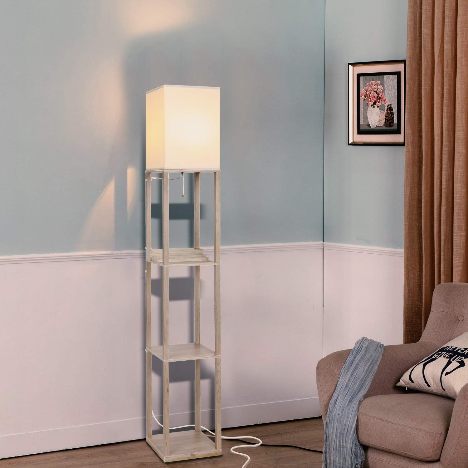 Brightech Maxwell Modern Shelf Floor Lamp with USB Ports & Outlet - Rustic Wood Corner Display Lamp for Living Room, Bedroom, Office - Perfect for Reading, Charging Devices & Home Decor