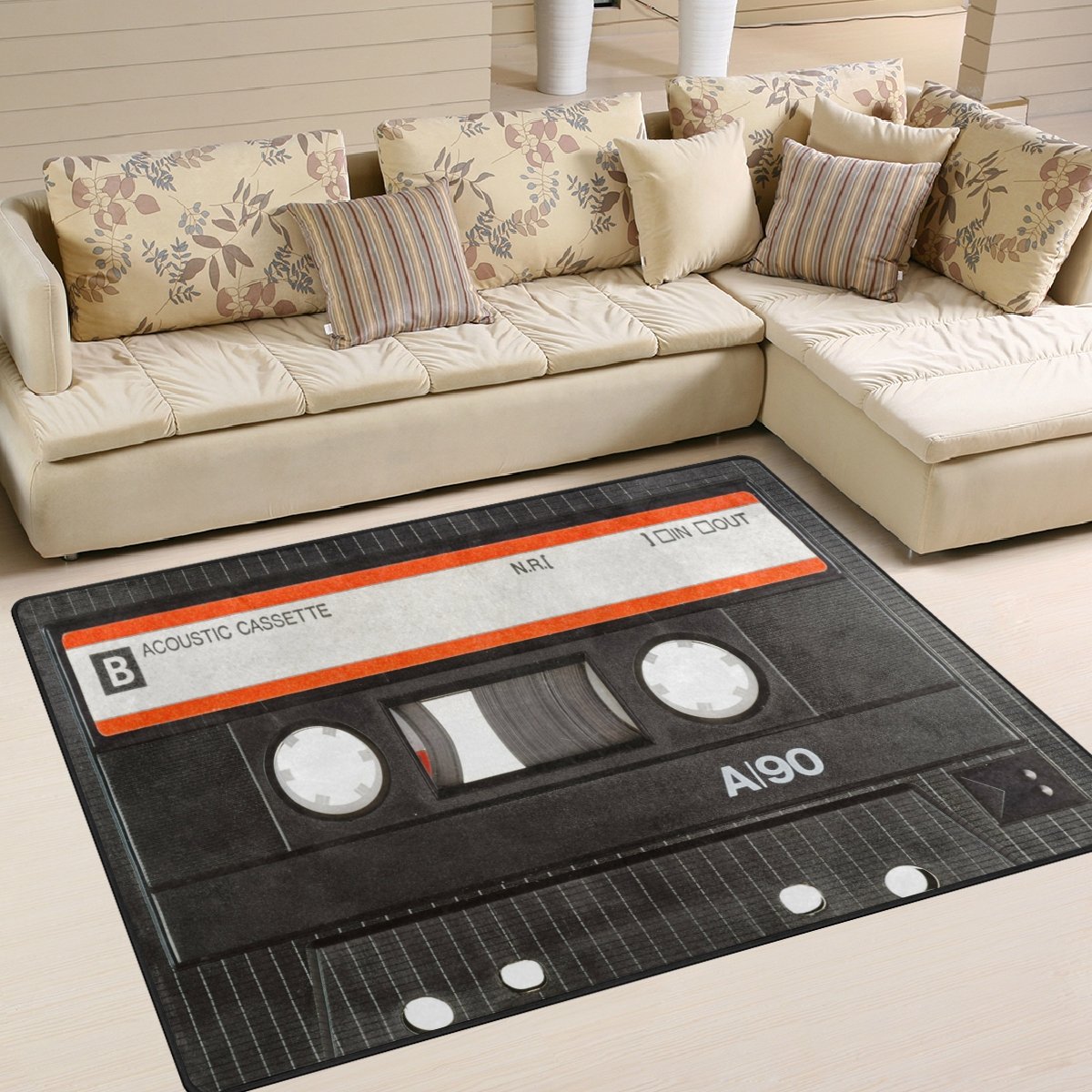 ALAZA Vintage Cassette Tape Music Area Rug - 7' x 5' Retro Floor Mat for Living Room, Bedroom, Dorm - Perfect for Music Lovers & 80s Decor