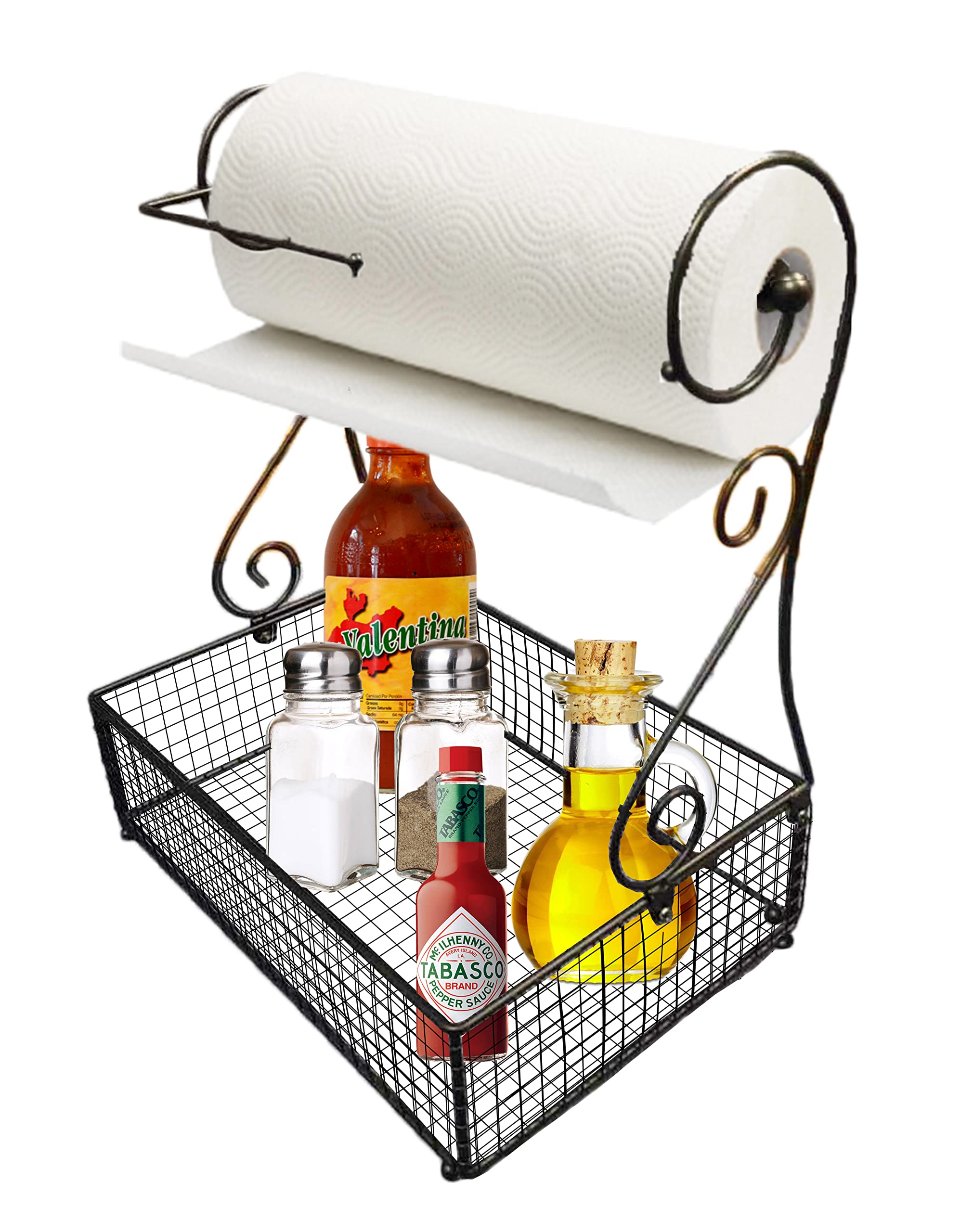 SkyMall 17.5 Inch Metal Paper Towel Holder with Storage Basket - Versatile Countertop Organizer for Kitchen, Bathroom, Office & Outdoor Use