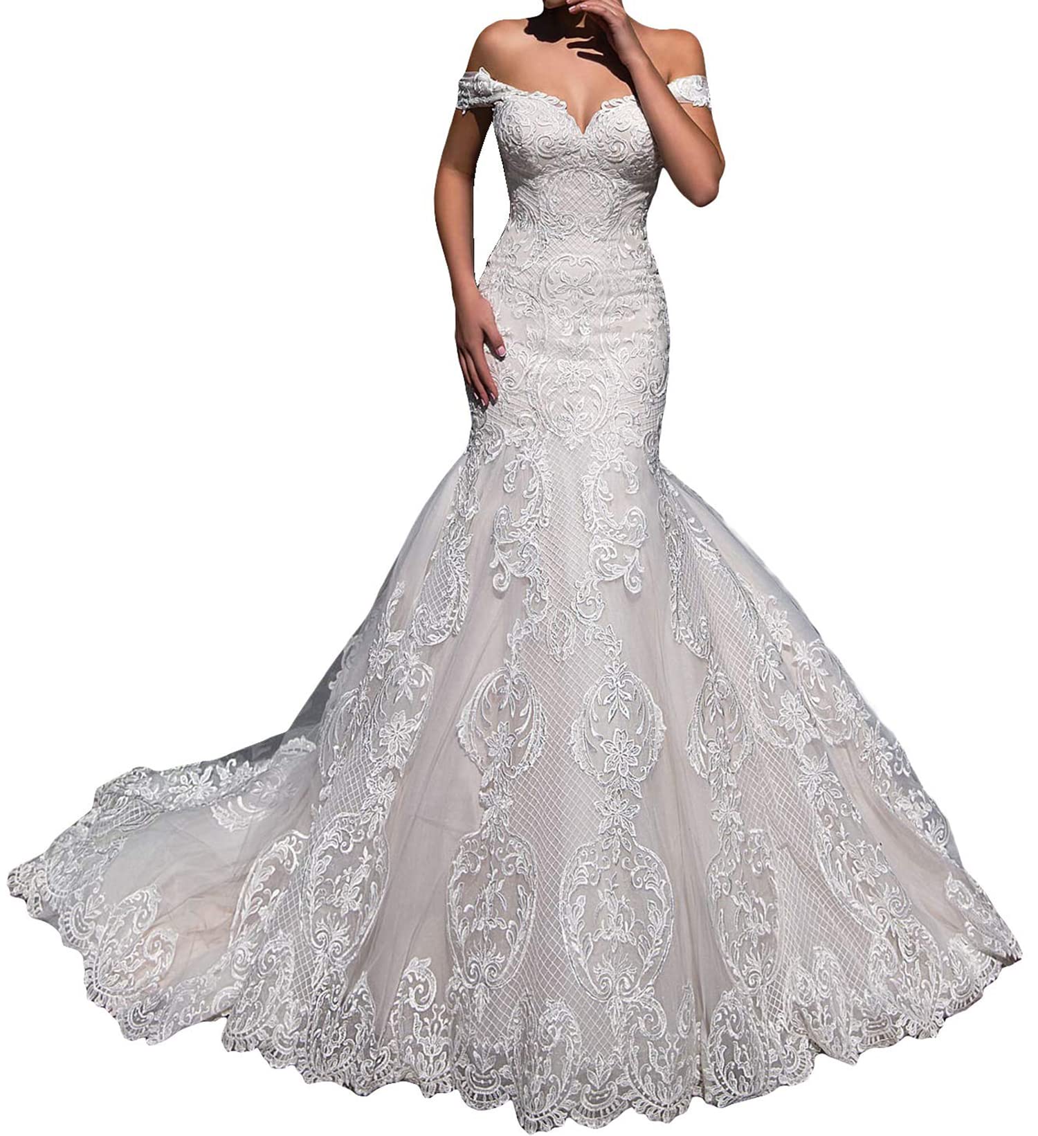 Fenghauvip Mermaid Wedding Dress | Off-The-Shoulder Bridal Gown with Lace-Up Back & Long Train | Perfect for Beach Weddings, Vow Renewals & Romantic Photoshoots