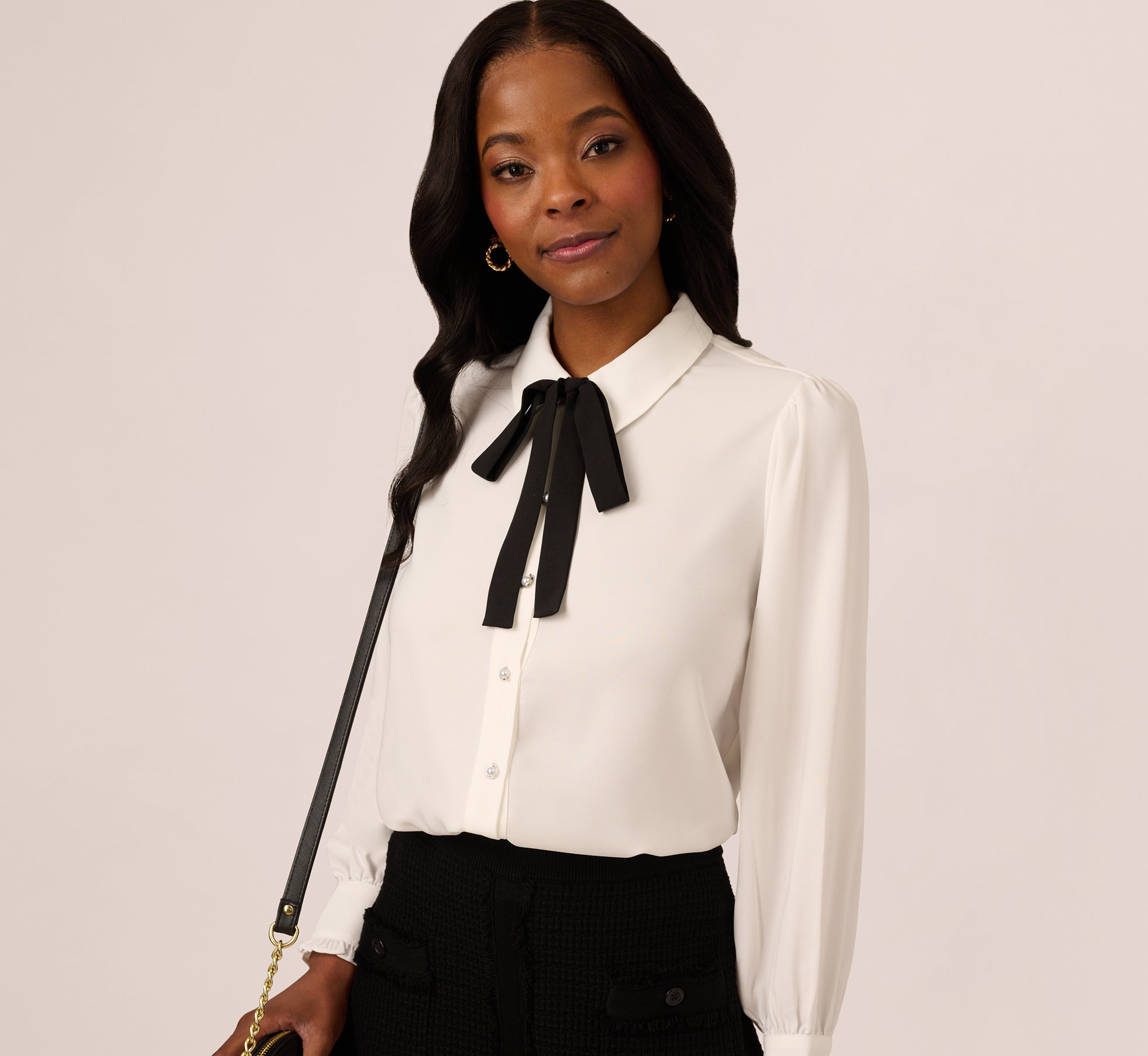 Elegant Long Sleeve Collared Tie Neck Blouse for Women - Ivory & Black - Perfect for Office Wear, Business Meetings & Formal Occasions