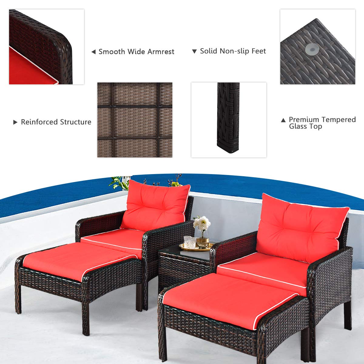 HappyGrill 5-Piece Patio Furniture Set - Outdoor Rattan Wicker Conversation Set with Coffee Table, Cushioned Sofas & Ottoman - Perfect for Garden, Backyard, and Poolside Relaxation