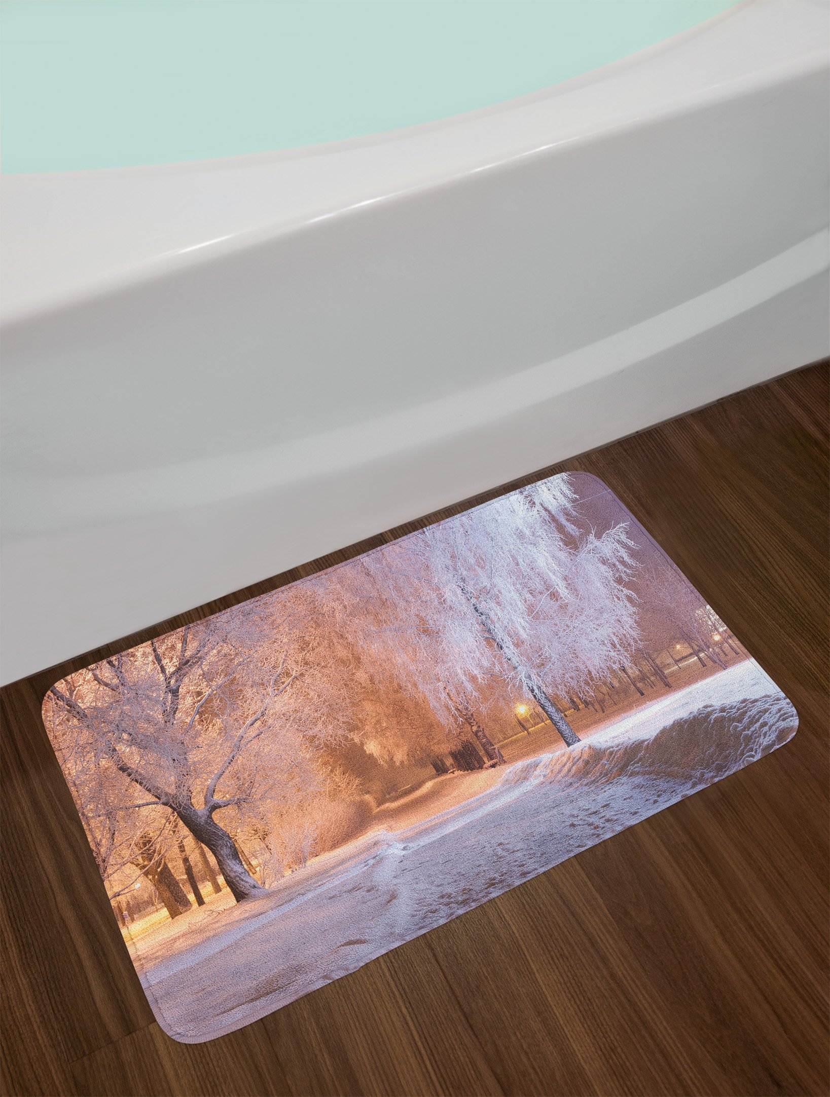 Ambesonne Winter Plush Bath Mat - Non-Slip Snowy Forest Landscape Bathroom Rug, 30
