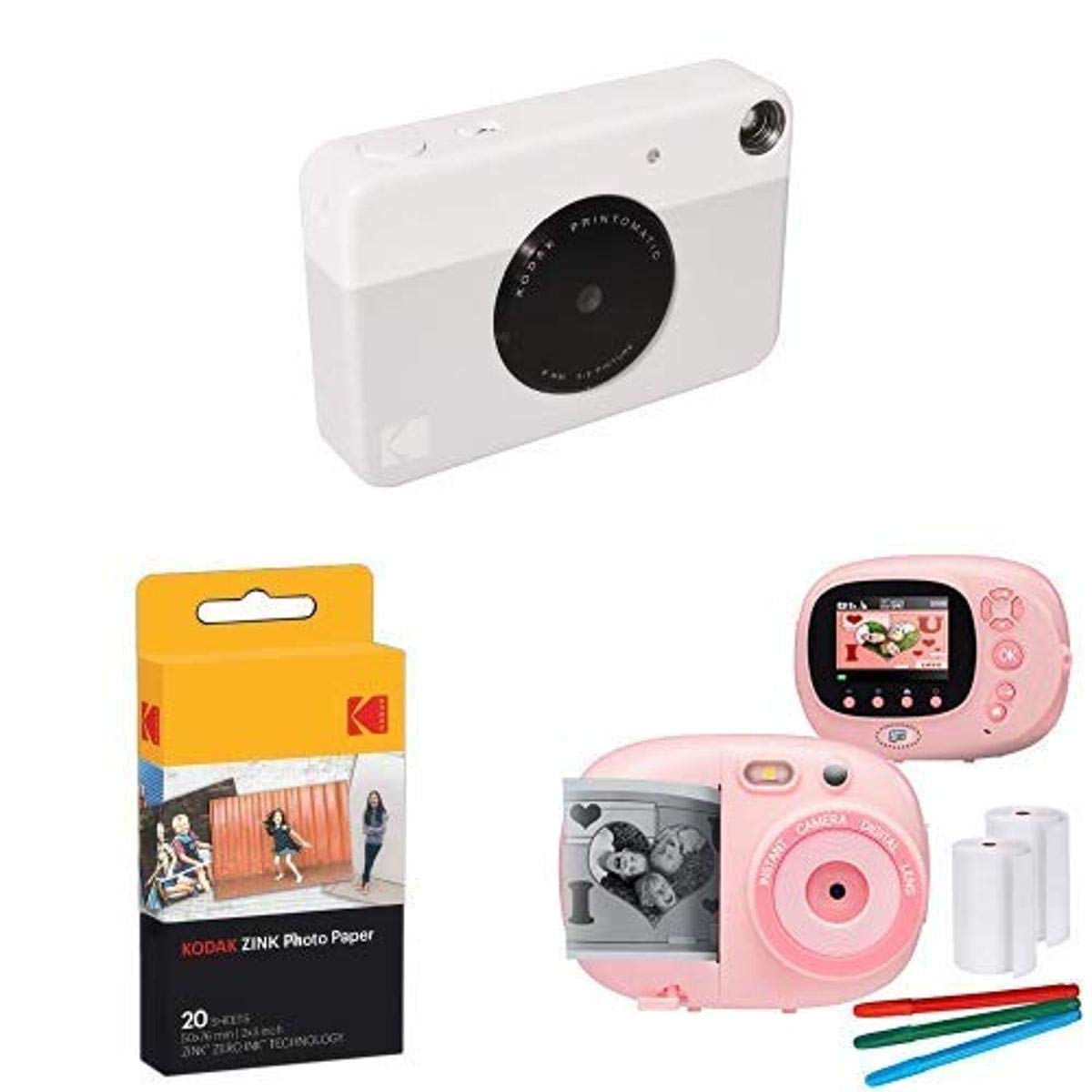 Kodak PRINTOMATIC Digital Instant Print Camera (Yellow) with 50 Sheets Photo Paper | Kids Instant Camera & Video Recorder Bundle with 10 Frames & 20 Filters | Perfect for Birthday Parties, Travel & Family Memories - Pink