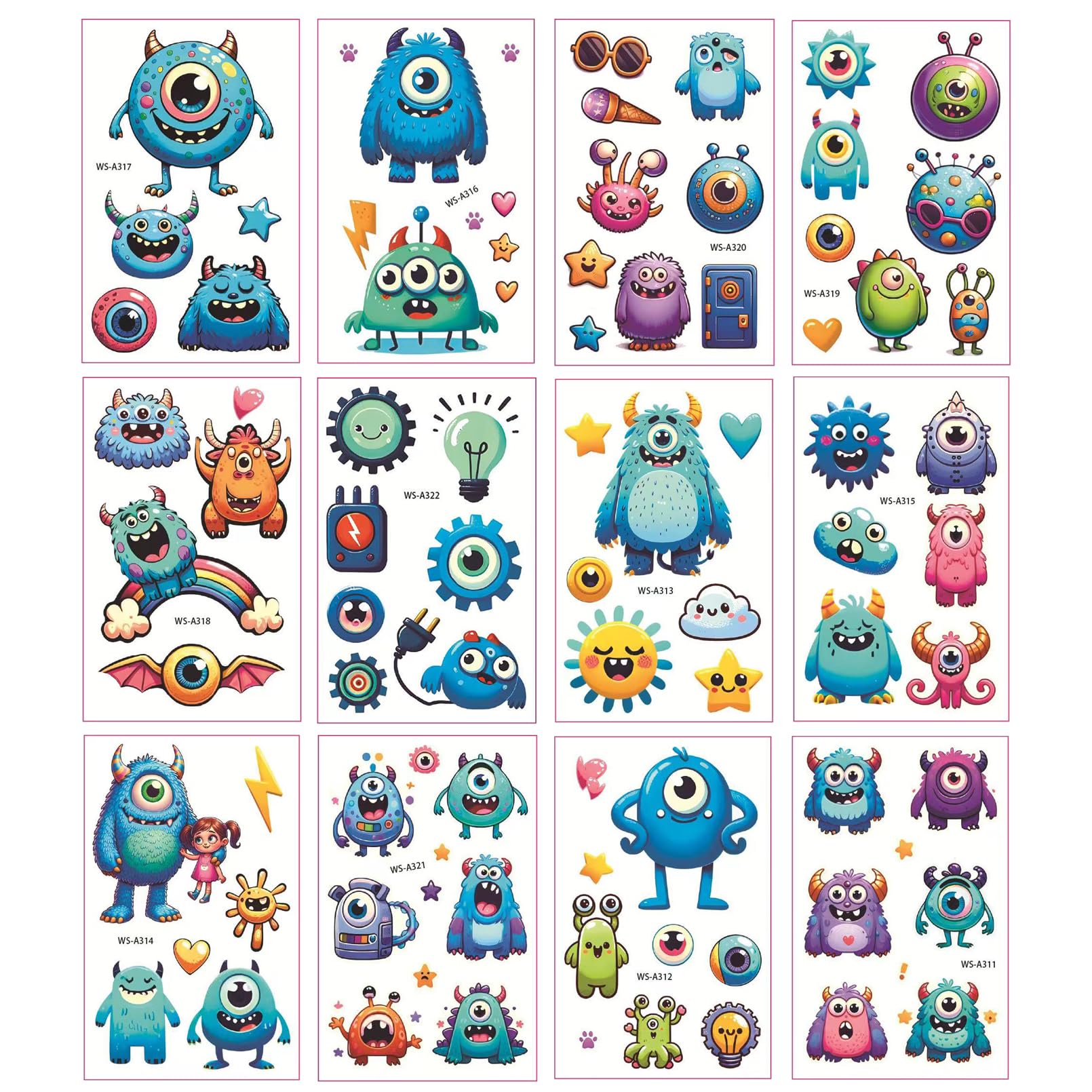 Monster Temporary Tattoos for Kids - 12 Sheets Waterproof Stickers for Birthday Parties & School Prizes