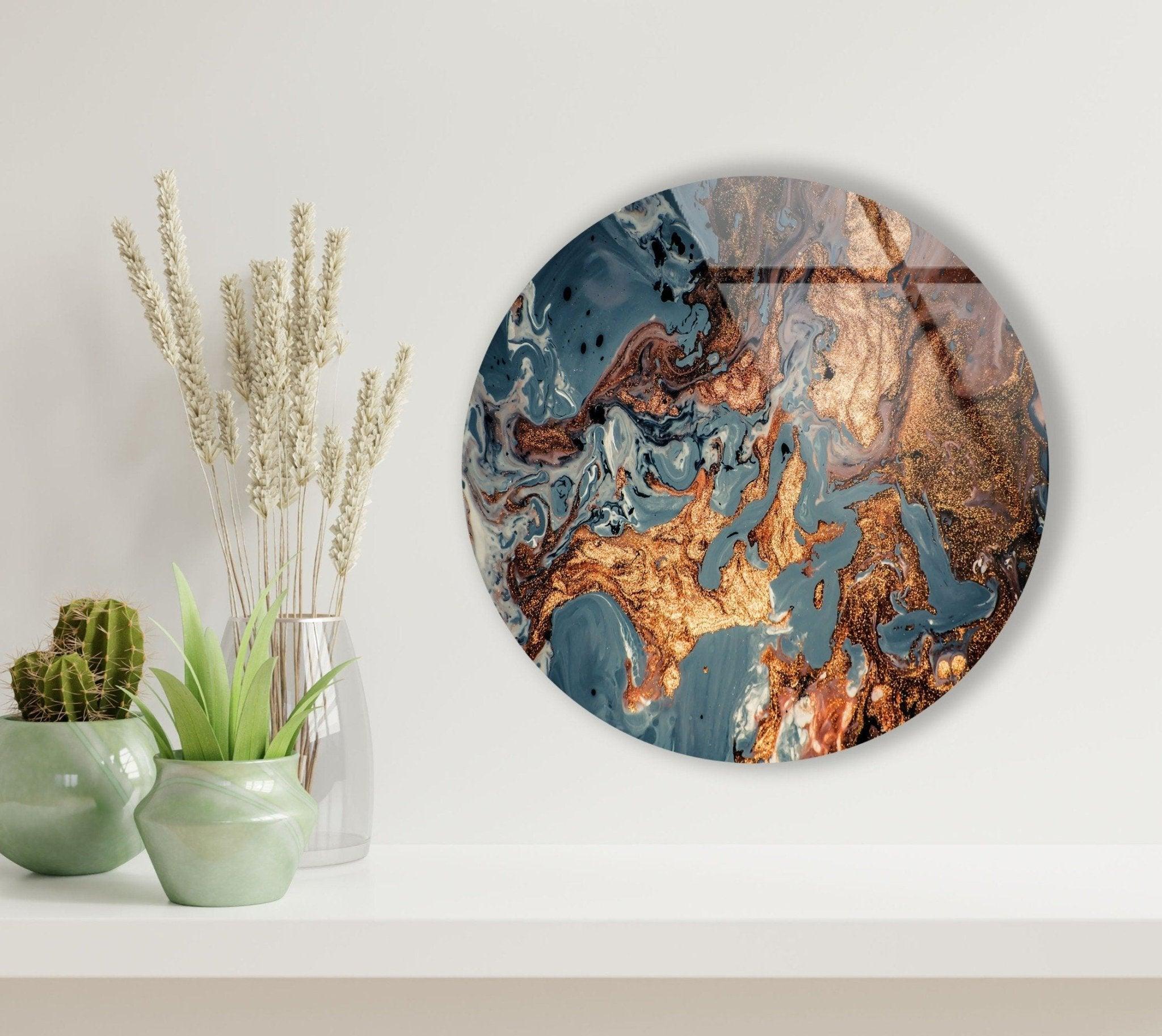 Abstract Round Copper Glass Wall Art - Modern Home Decor for Living Room, Bedroom & Office - Elegant Handmade Metal Wall Sculpture for Unique Interior Design