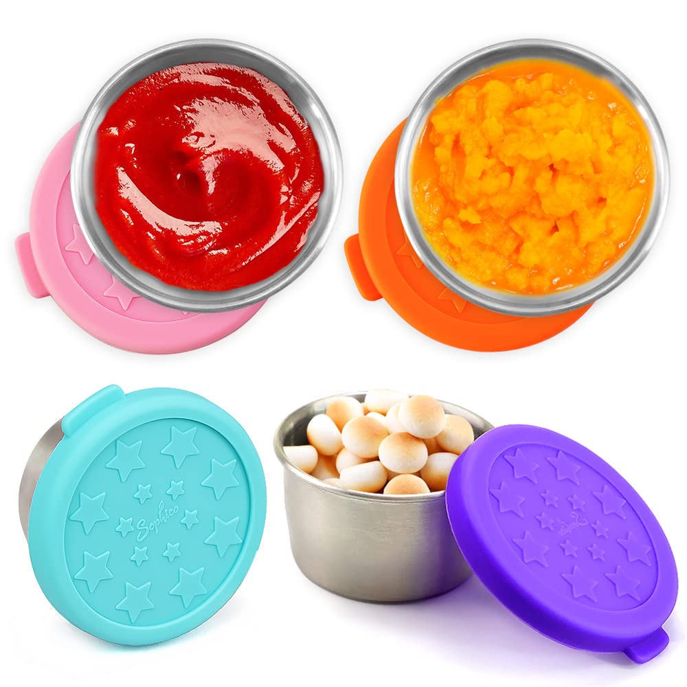 Sophico 3.2oz Stainless Steel Salad Dressing Containers with Silicone Lids - 4 Pack Leakproof Condiment Cups for Kids Lunch Box, Picnic, Travel & Food Storage - Perfect for Sauces, Dips & Dressings (4 Colors)