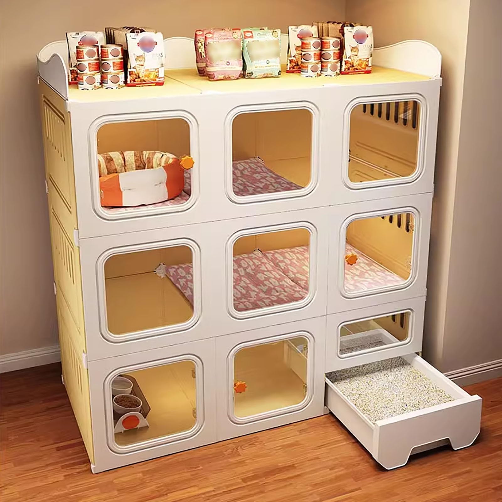Premium Cat Cage Indoor with Litter Box & Storage Top - 106x46.5x116cm Large Pet Kennel with Ventilation Panels | Perfect for Small Apartments, Travel & Multi-Cat Homes (Package 2, Gray)