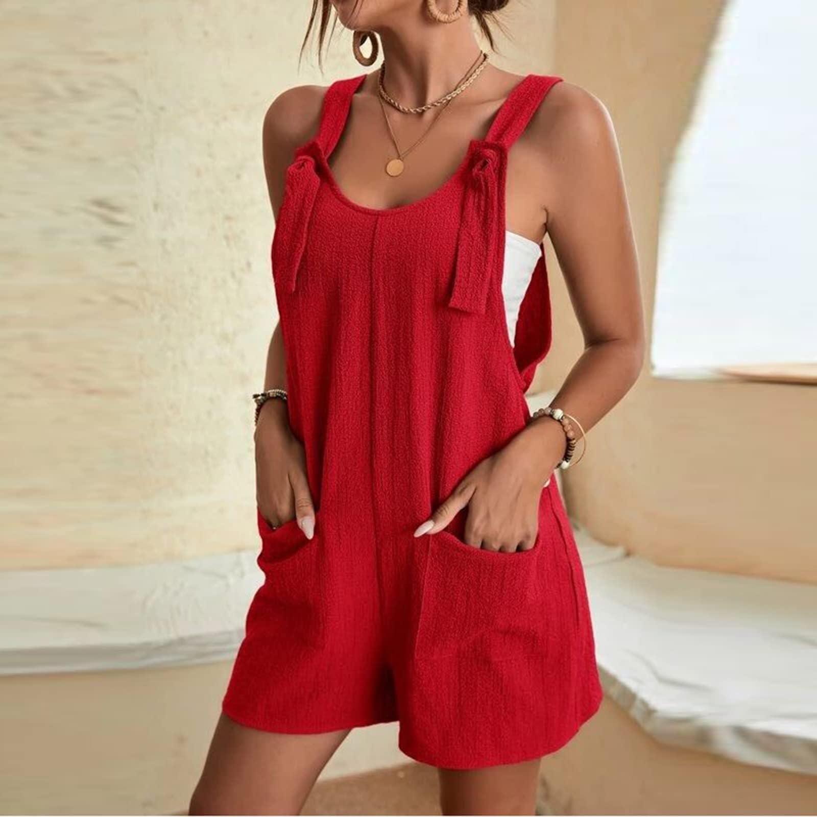 Women's Summer Casual Romper - Lightweight Sleeveless Short Jumpsuit with Pockets | Loose Fit One Piece Outfit for Beach, Vacation & Outdoor Activities