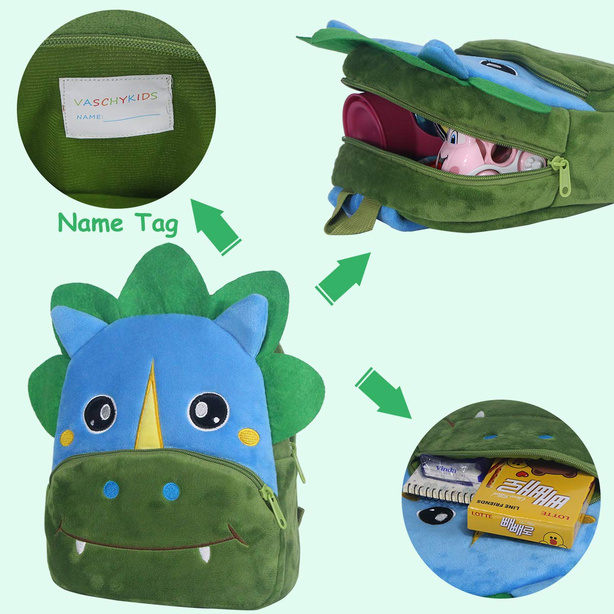 VASCHY Cute Plush Animal Toddler Backpack for Boys & Girls - Dinosaur Design Small Daycare Backpack for Little Kids | Perfect for Preschool, Travel & Daily Use