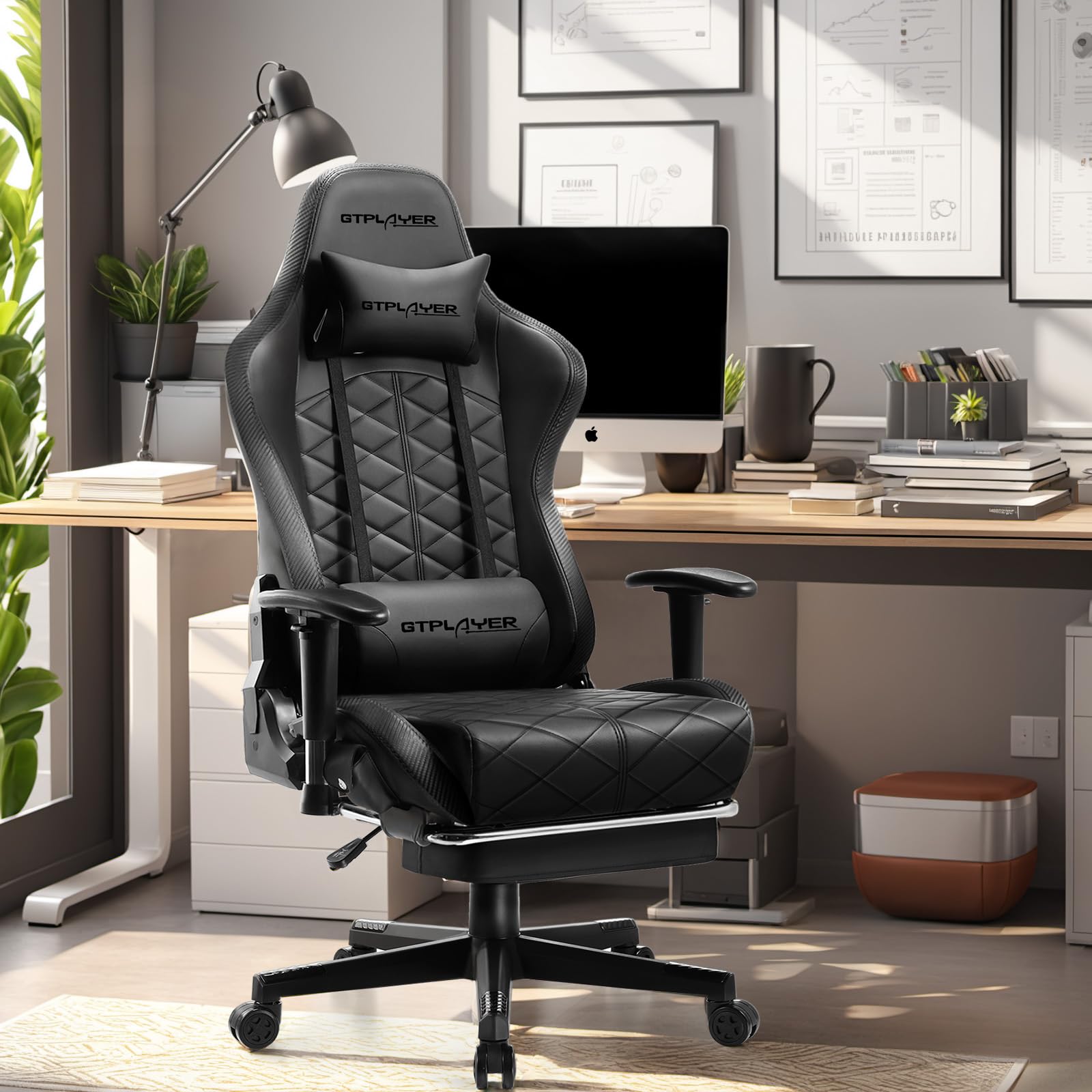 GTPLAYER Ergonomic Gaming Chair with Bluetooth Speakers - High Back Office Computer Desk Chair with Lumbar Support & Footrest - 330LBS Weight Capacity (Black) - Perfect for PC Gaming, Home Office & Streaming Setup