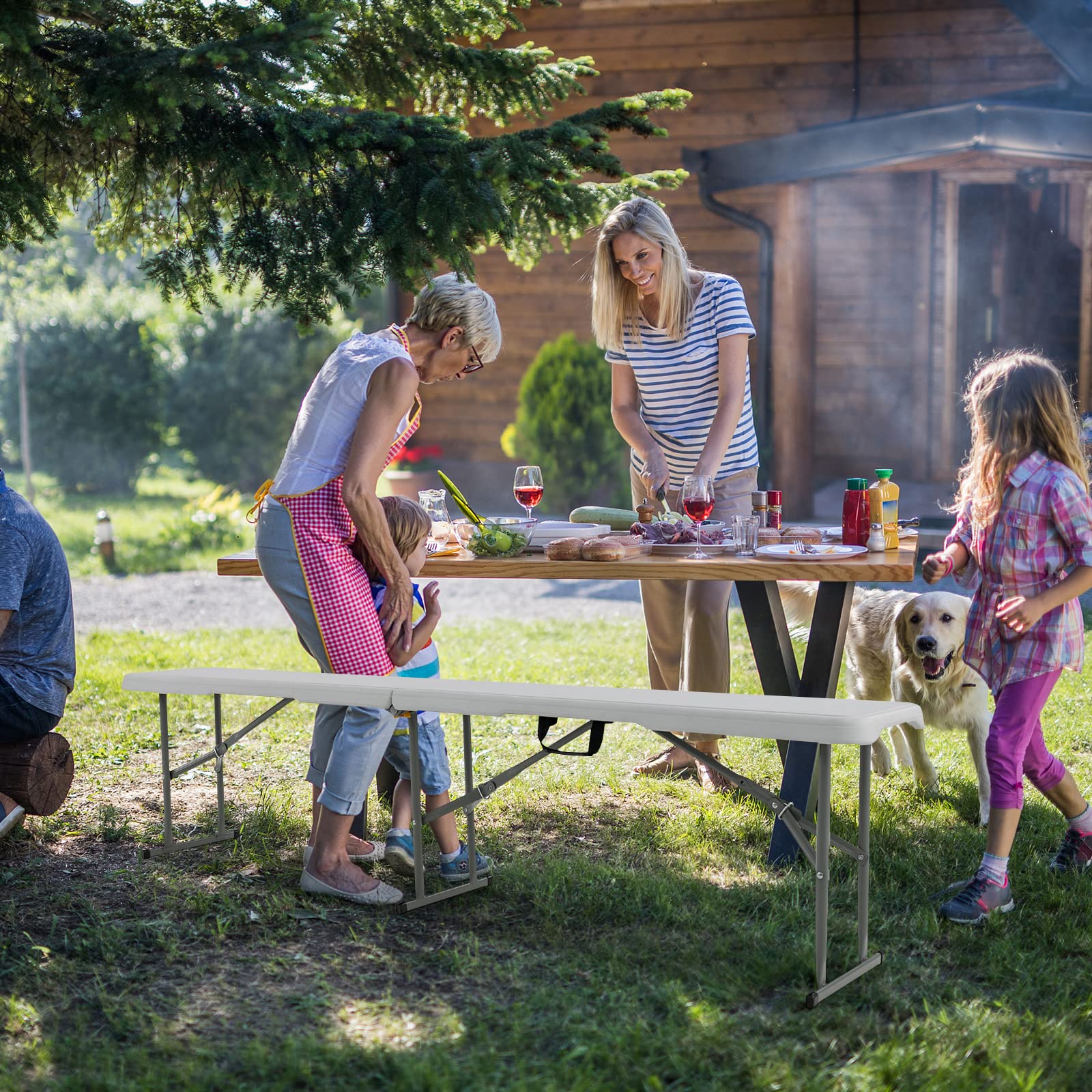 Giantex 6-Foot Picnic Table with 2 Benches - Outdoor Folding Camping Table Set, HDPE Top & Metal Legs, White - Perfect for BBQ, Backyard Parties, Patio, Garden & Camping Trips