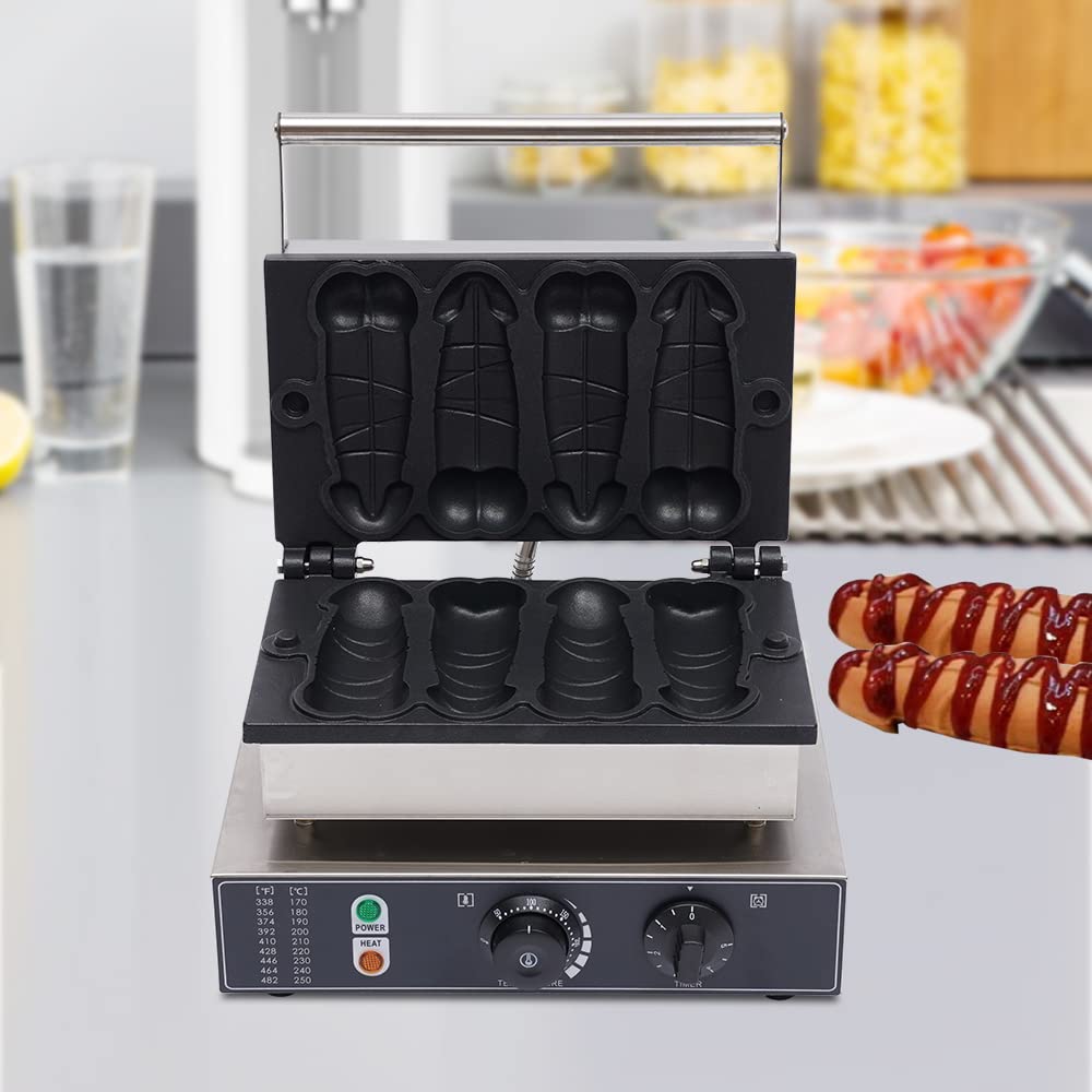 LoyalHeartDY 4-Piece Penis-Shaped Waffle Maker - 1600W Commercial Electric Waffle Machine with Non-Stick Coating (110V) - Perfect for Bakeries, Restaurants & Adult-Themed Parties - Silver & Black Hot Dog Baker for Unique Breakfast & Dessert Creations