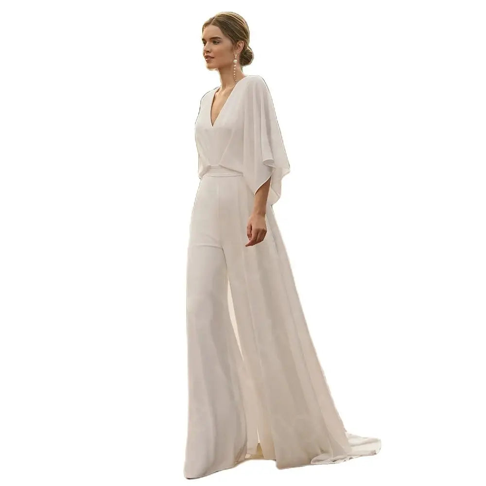Elegant White Wedding Pantsuit for Women - V Neck 3/4 Sleeve Backless Jumpsuit | Perfect for Bridal Shower, Engagement Party & Formal Events