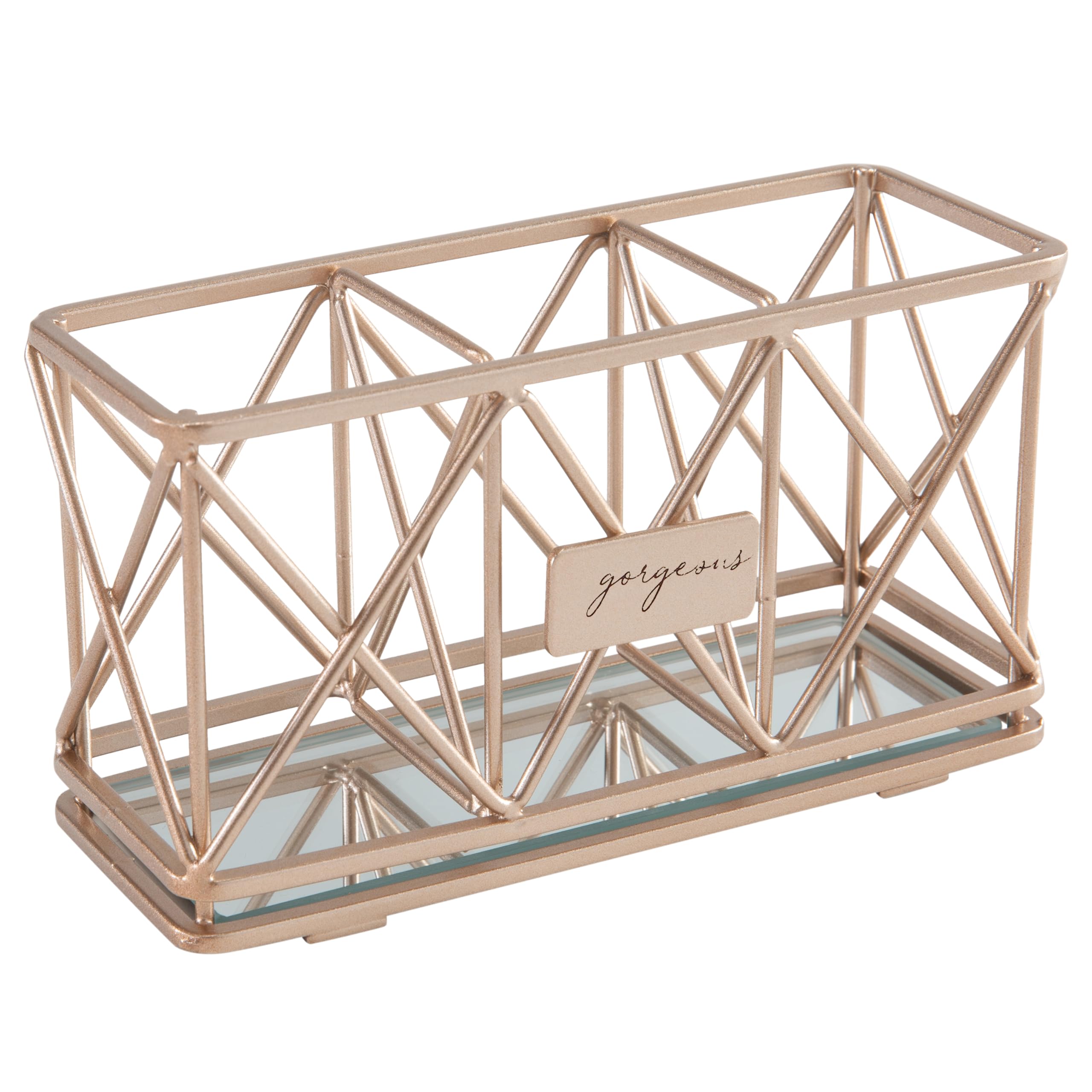3 Compartment Cosmetic Brush Holder - Rose Gold Makeup Organizer for Vanity, Bathroom & Office | Pencil & Brush Storage | Dresser & Mirror Base Organizer | Perfect for Makeup Artists & Beauty Enthusiasts