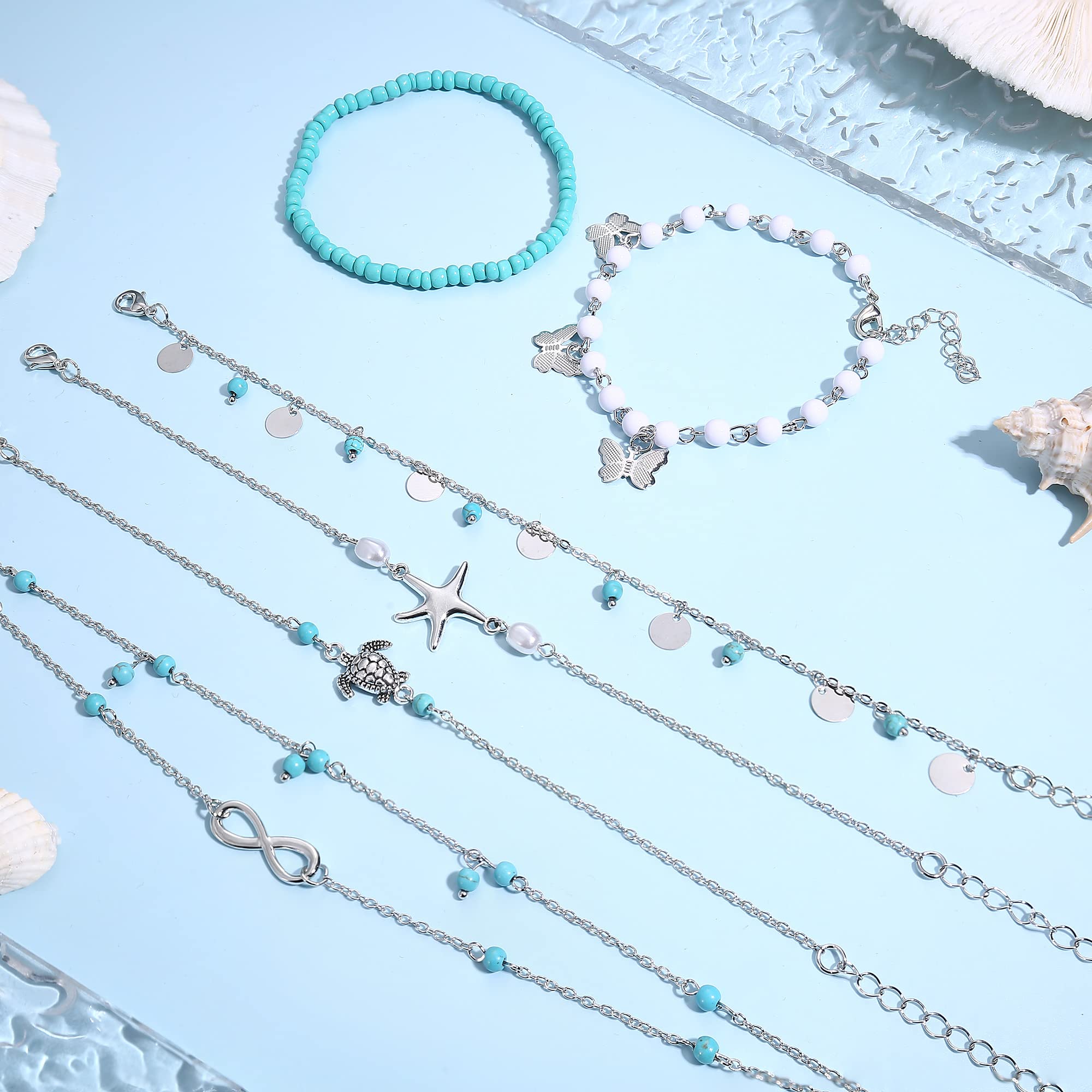 JOERICA 25 Pcs Adjustable Turquoise Toe Rings & Ankle Bracelets for Women - Gold & Silver Boho Anklets - Open Toe Rings for Beach, Summer & Festival Wear