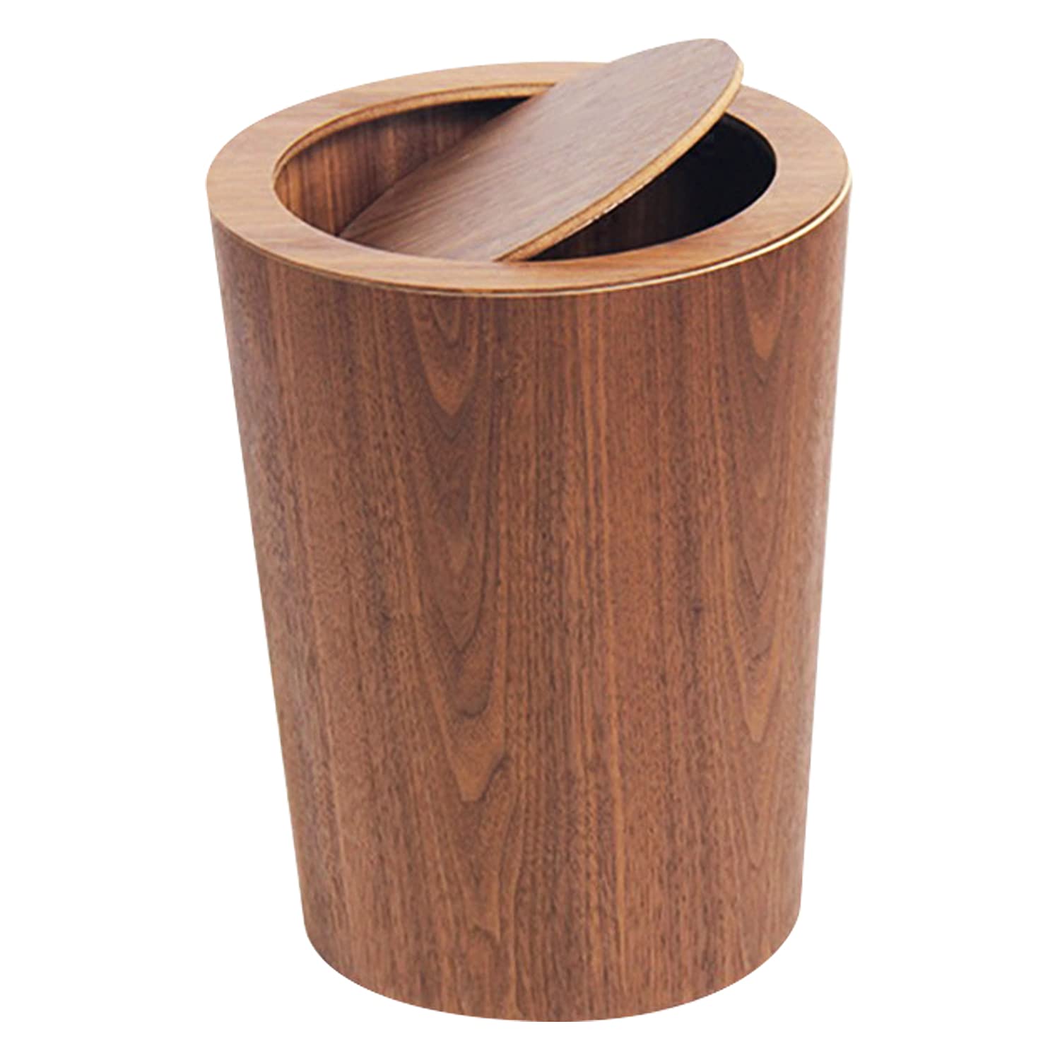Modern Round Trash Can with Lid - Wood Grain Waste Basket in Walnut - 9.25