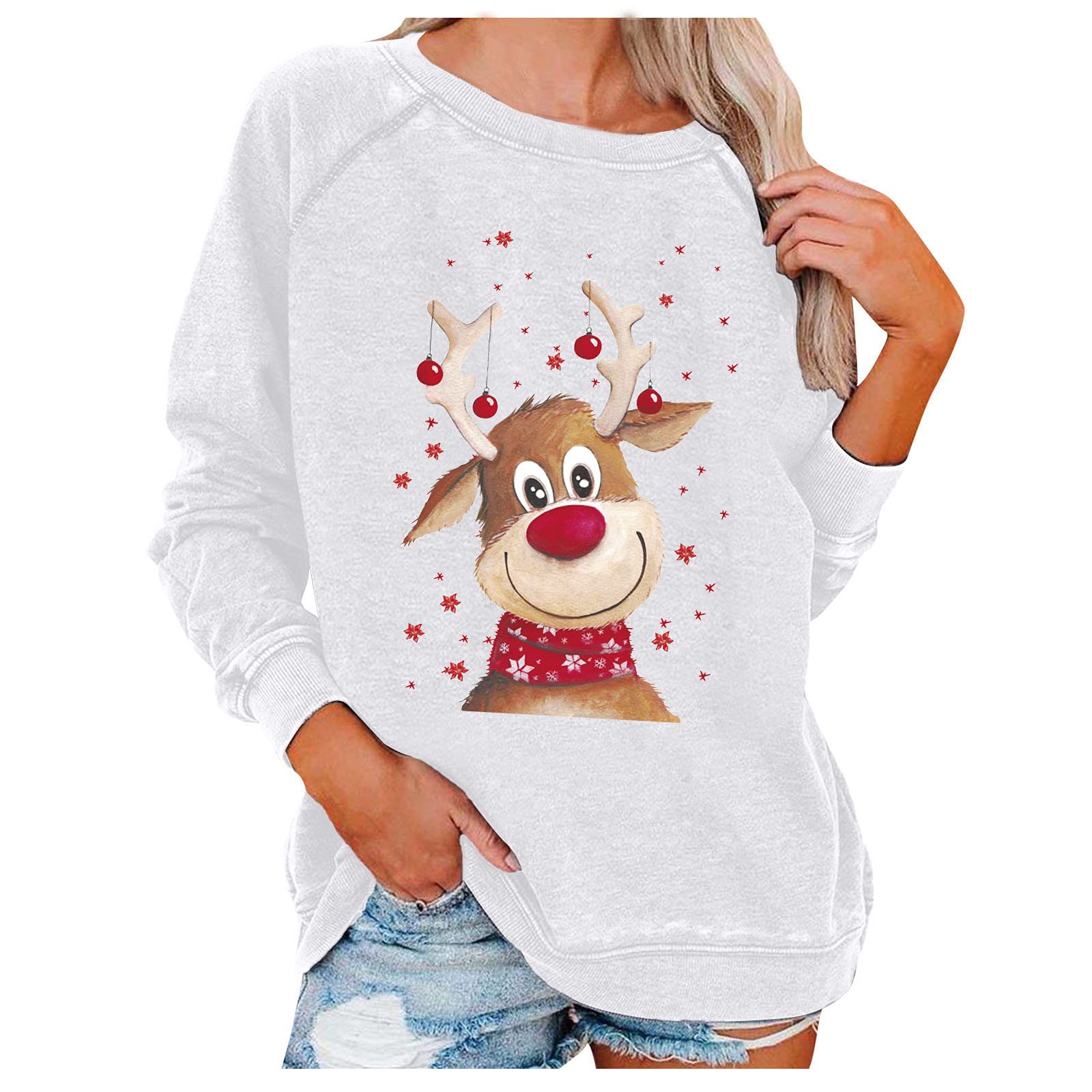 Ussuma Women's Cute Christmas Pullover Sweatshirt - Deer Print Graphic Long Sleeve Top - Lightweight Holiday Sweater for Casual Wear & Christmas Party Outfits