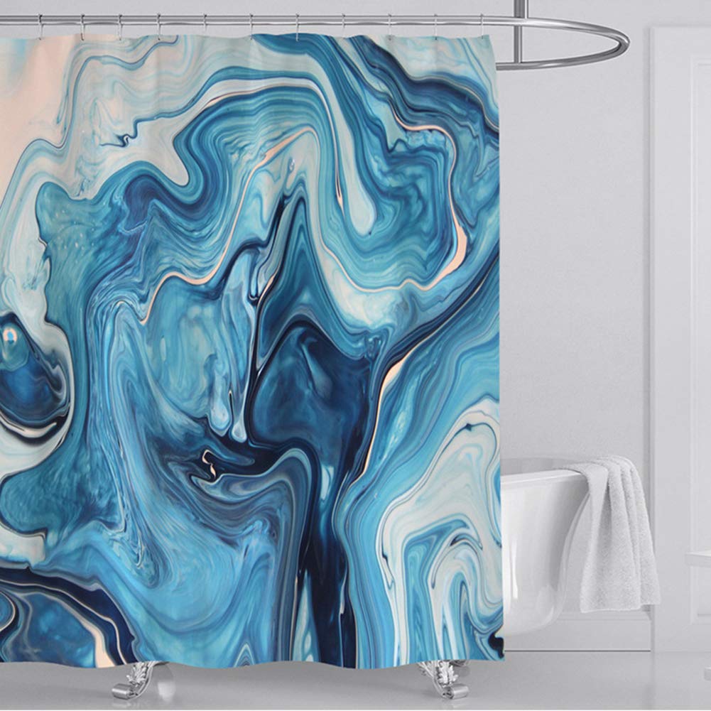 Ocean Blue Abstract Marble Waterproof Shower Curtain Set with 12 Hooks & Bath Mat - Durable Bathroom Decor for Modern, Coastal, or Spa-Style Showers - Perfect for Home, Apartment, and Vacation Rental Bathrooms