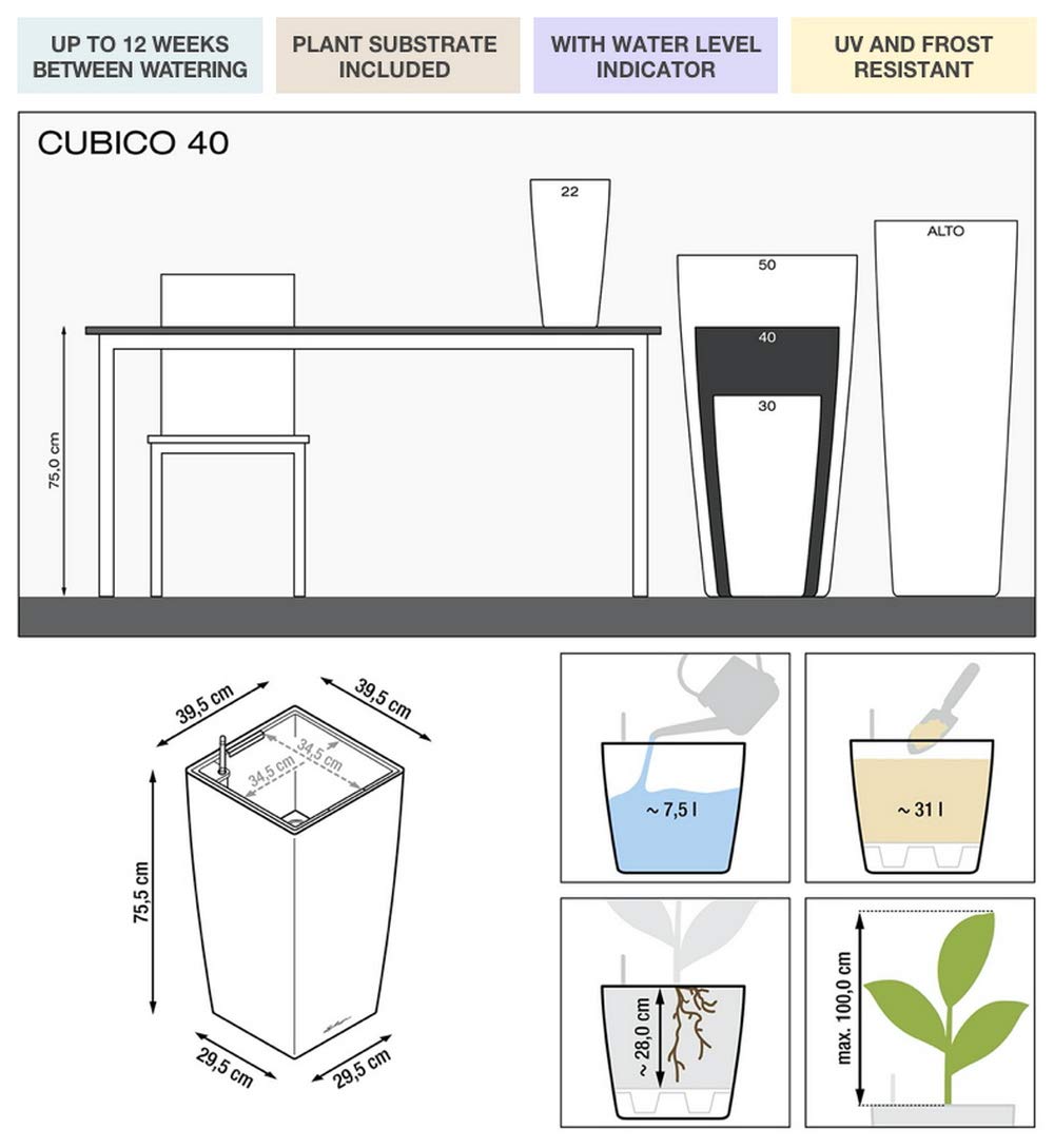 Lechuza CUBICO 40 Self-Watering Planter - 15.7 Inch White High-Gloss Plastic Indoor/Outdoor Garden Pot with Drainage Hole - Perfect for Living Room, Balcony & Office Decor