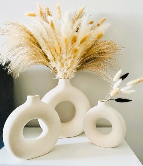 Set of 3 White Boho Ceramic Vases for Home Decor - Farmhouse Flower Vases for Pampas Grass, Centerpieces & Table Decor | Perfect for Living Room, Wedding, Dining Table & Rustic Home Decor