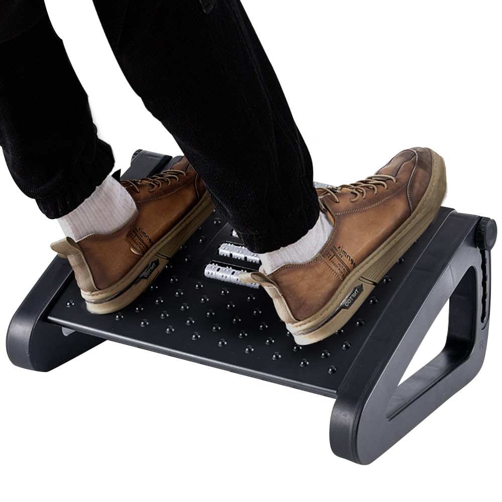 Adjustable Under Desk Foot Rest with Massage Roller - 6 Height Ergonomic Office Foot Stool for Leg Support & Comfort at Work, Home or Gaming Setup