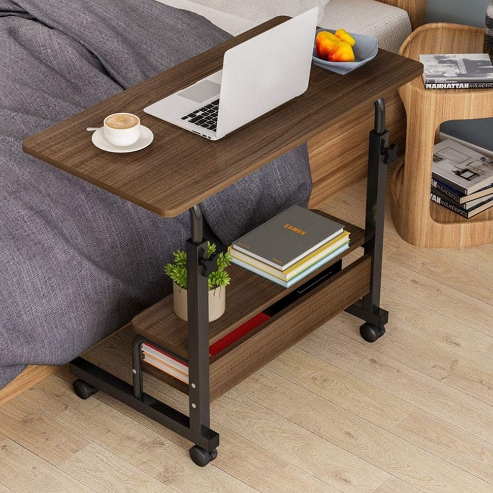 Adjustable Overbed Table with Wheels - Steel Frame Lifting Computer Desk with Double Shelves for Laptop, Notebook & Meal Tray - Perfect for Hospital, Home Office & Bedroom Use