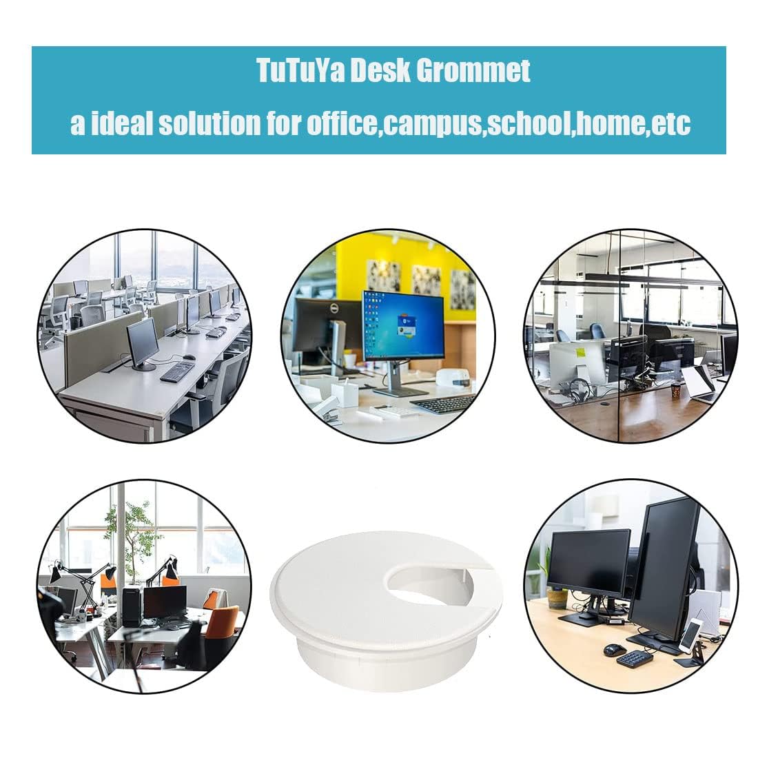 TuTuYa 8PCS 1-1/2 Inch (38mm) White Desk Cable Grommet Hole Covers with Hole Saw - Cable Management Solution for Office & Home Desks - Perfect for Computer, Monitor & TV Wire Organization