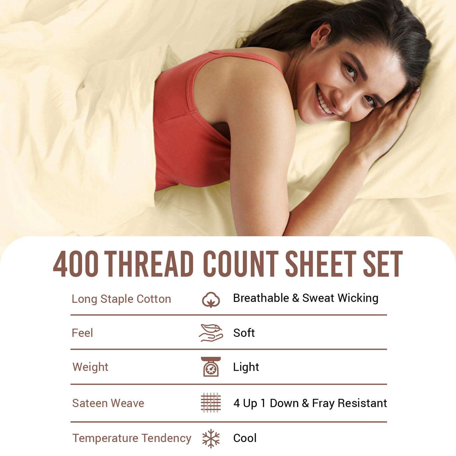 Premium 100% Cotton King Size Sheets - Ivory 400 Thread Count Long Staple Sateen Weave with 15