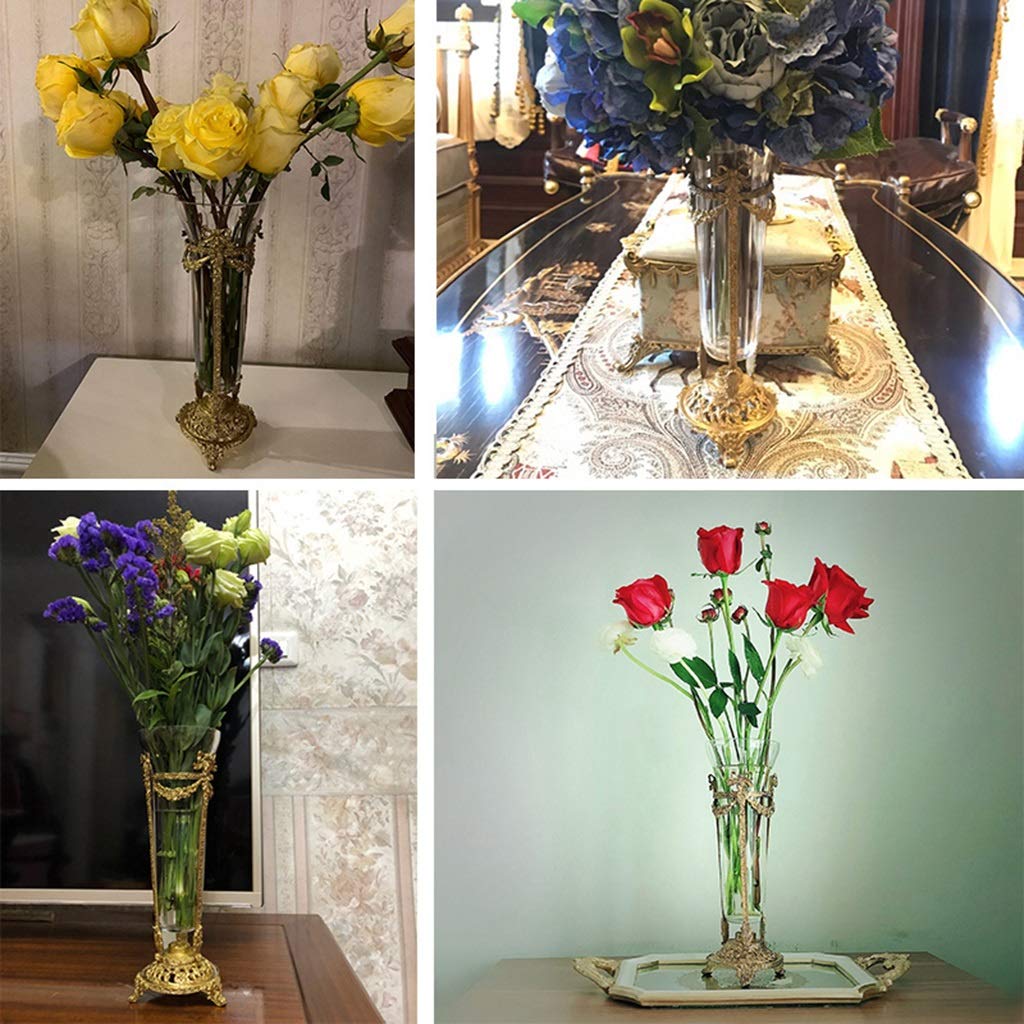 Luxury Crystal Glass Vase for Home & Office Decor - Handcrafted Carved Copper Base, Artificial Flower Arrangement Centerpiece - Clear 27x10cm - Perfect for Weddings, Living Room, Villa & Artwork Display
