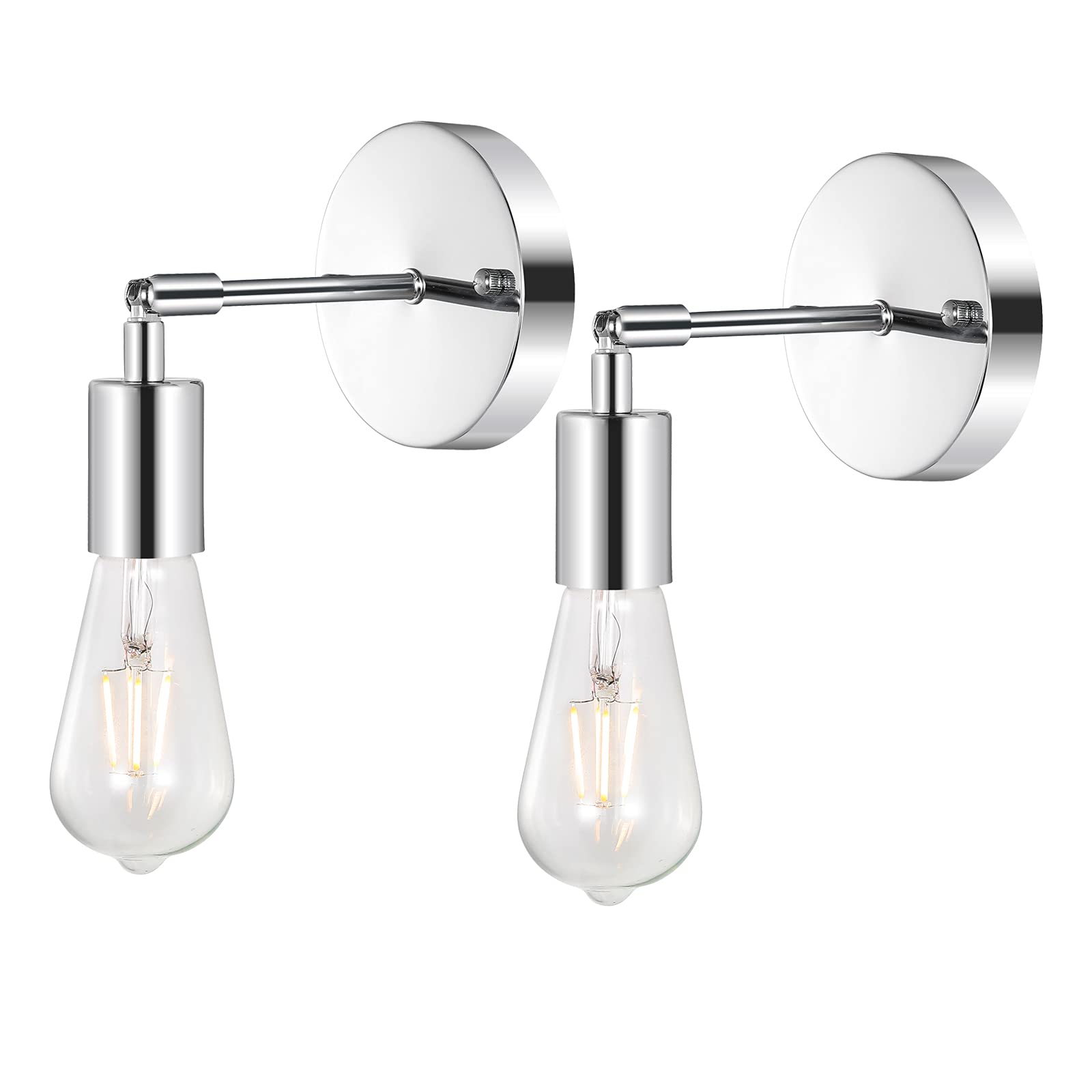 BAODEN 2-Pack Vintage Industrial Wall Sconce - Chrome Finish Bathroom Wall Light Fixture with Pole Mount for Home, Bedroom, and Hallway Lighting Decor