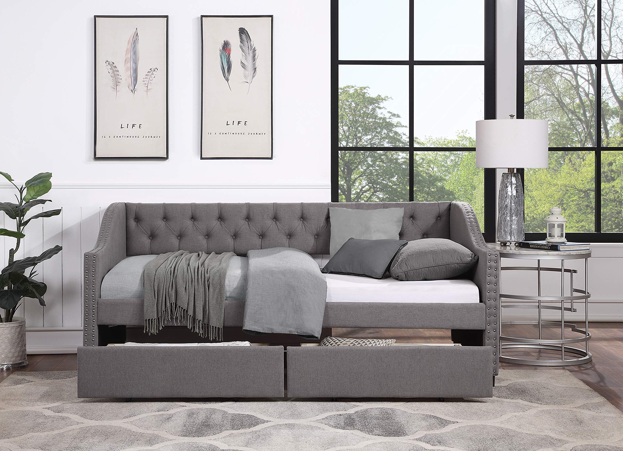 Twin Upholstered Daybed with 2 Storage Drawers, Tufted Sofa Bed with Nailhead Trim & Wood Slat Support - Perfect for Guest Rooms, Small Apartments & Multi-Functional Spaces
