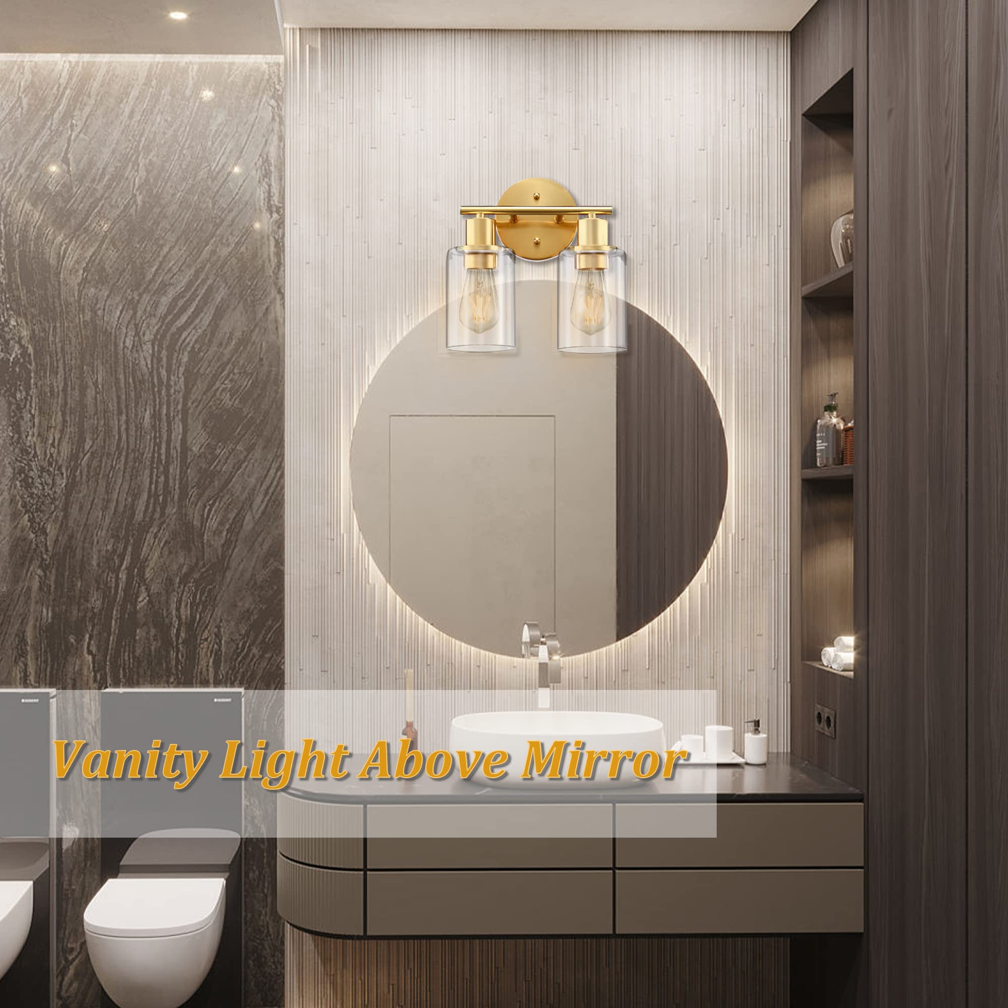 2-Light Gold Bathroom Vanity Light Fixture with Clear Glass Shades - Wall Sconce for Mirror Lighting in Bathroom, Bedroom, Living Room & Hallway | Modern Vanity Lighting for Home Decor