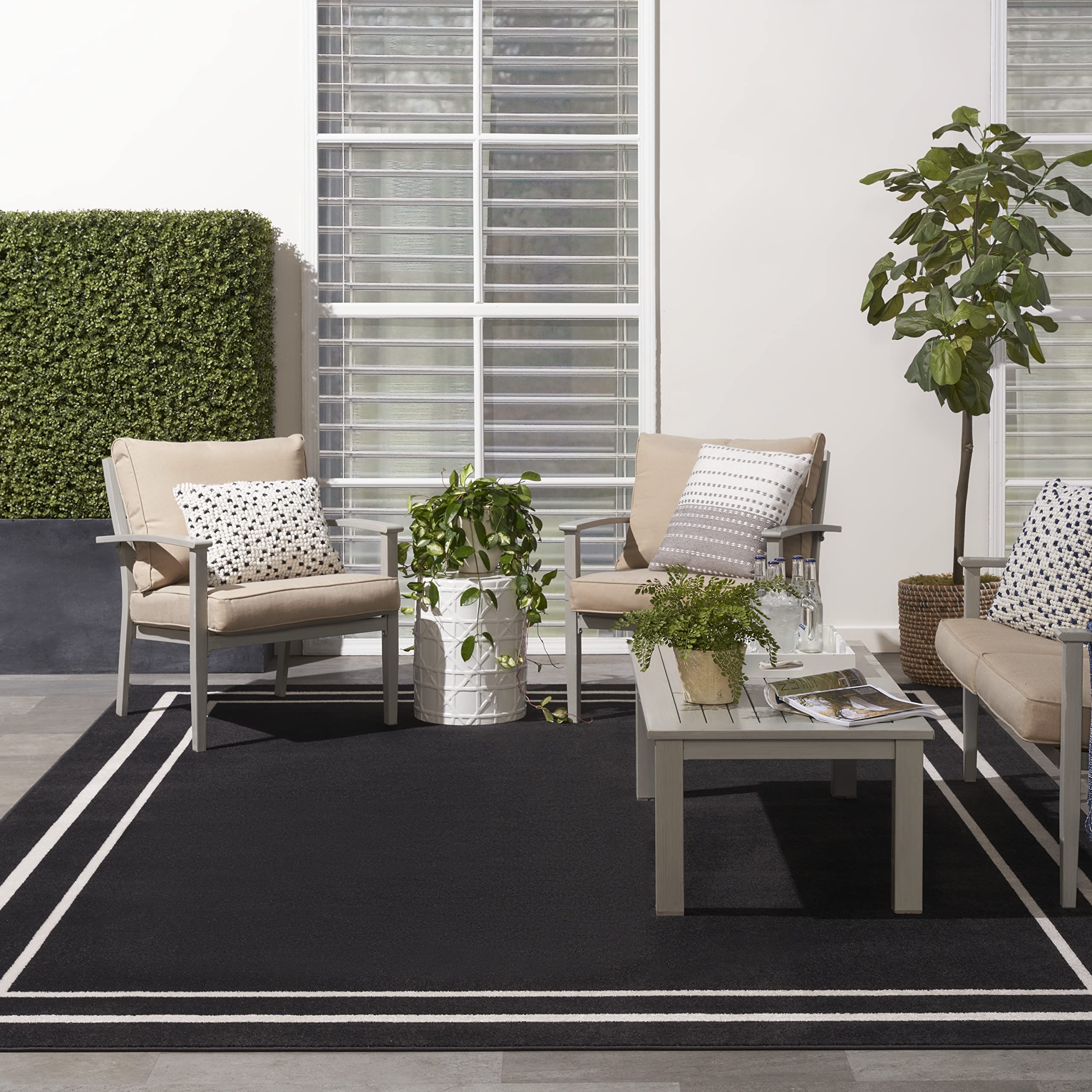 Nourison Essentials 8' x 10' Indoor/Outdoor Area Rug - Black Ivory, Easy to Clean, Non-Shedding for Bedroom, Living Room & Dining Room | Perfect for Backyard, Deck & Patio Use