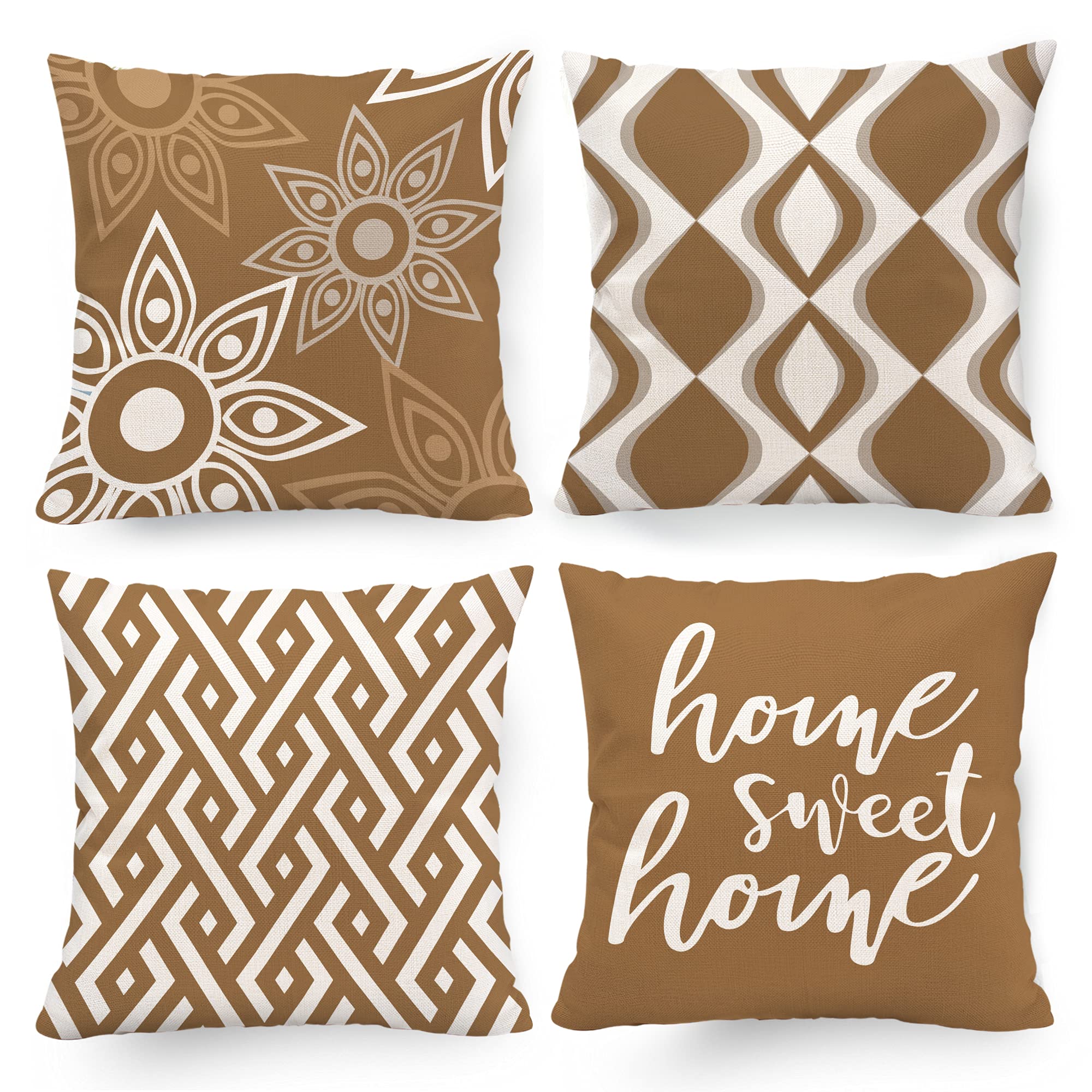Hexagram Boho Decorative Pillow Covers 18x18 Inch - Set of 4 Coffee Brown & Gray Throw Pillow Covers for Couch, Sofa, Living Room, Bed, Patio - Indoor & Outdoor Home Decor for Bohemian Style & Cozy Spaces