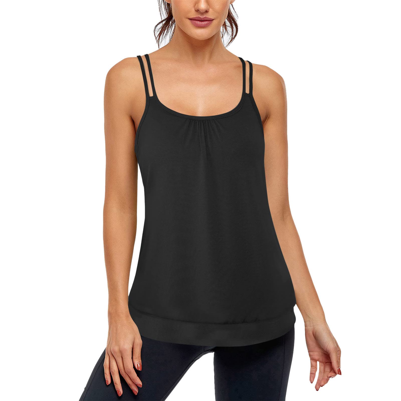 Women's Sleeveless Workout Tank Top - Loose Fit Scoop Neck Spaghetti Strap Yoga Racerback Sports Shirt - Black Satin Athletic Top for Gym, Running & Yoga