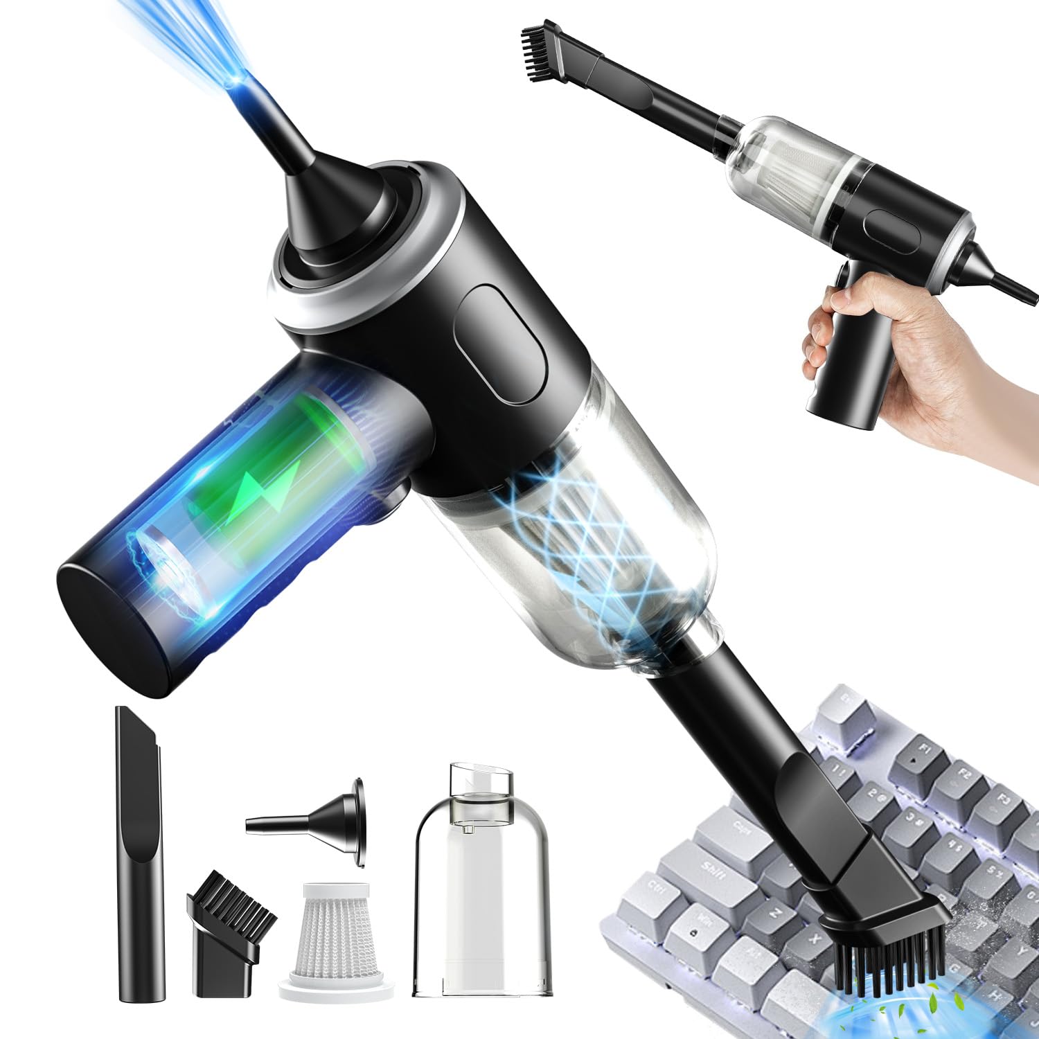 ODISTAR 3-in-1 Wireless Computer Vacuum Cleaner - 50000RPM High Power PC Keyboard Cleaner, Handheld Car Vacuum with Compressed Air - Perfect for Home, Office & Car Interior Cleaning - Remove Dust from Electronics, Laptops & Tight Spaces