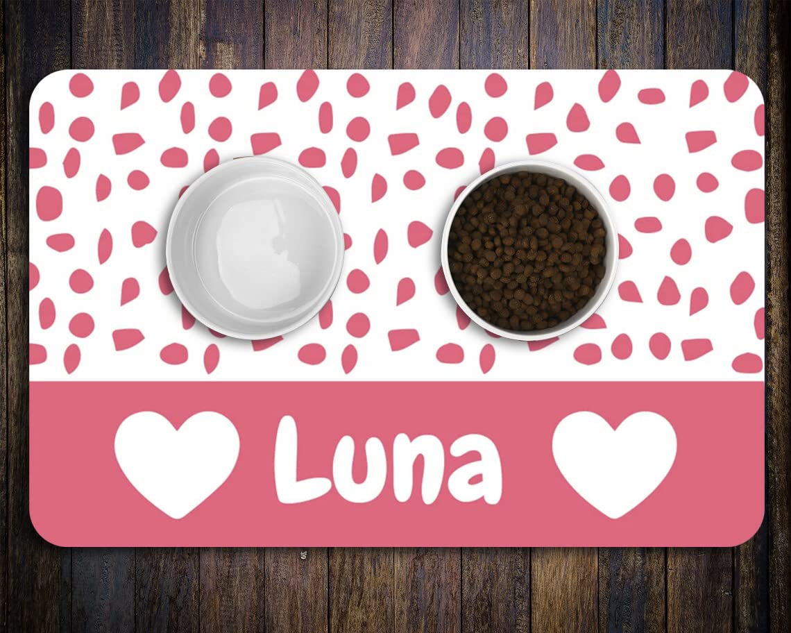 Custom Non-Slip Waterproof Pet Food Mat - Personalized Dog & Cat Bowl Mat with PU Bottom for Floors, Anti-Slip Feeding Mat for Pets (Pink Love) - Perfect for Messy Eaters & Spill Protection in Kitchen or Dining Area
